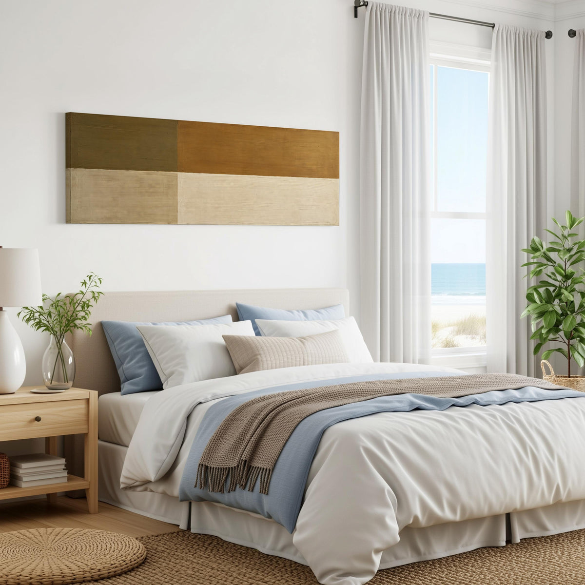 Olive and cream quadrants panoramic canvas print above a bed in a coastal bedroom