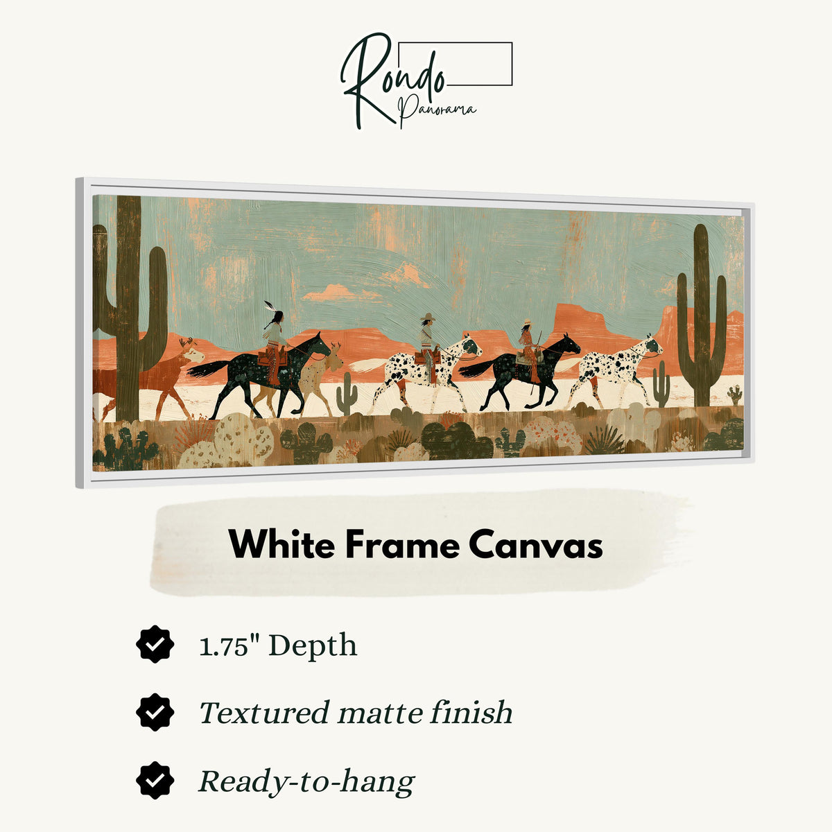 Riders on spotted horses across a red rock desert canvas print in a white floating frame