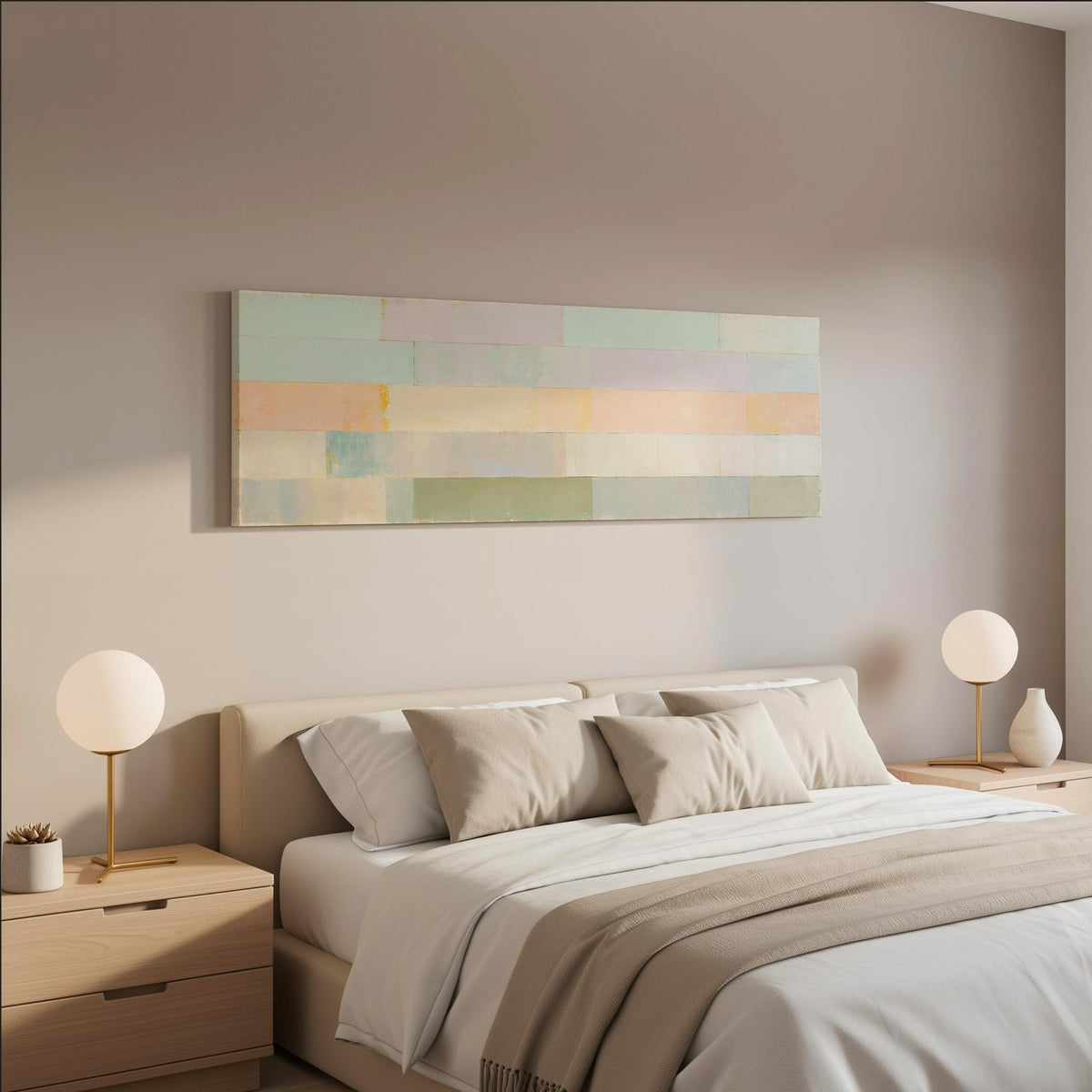 Soft lilac, mint and butter color bands wide panoramic canvas print above a bed in a neutral bedroom