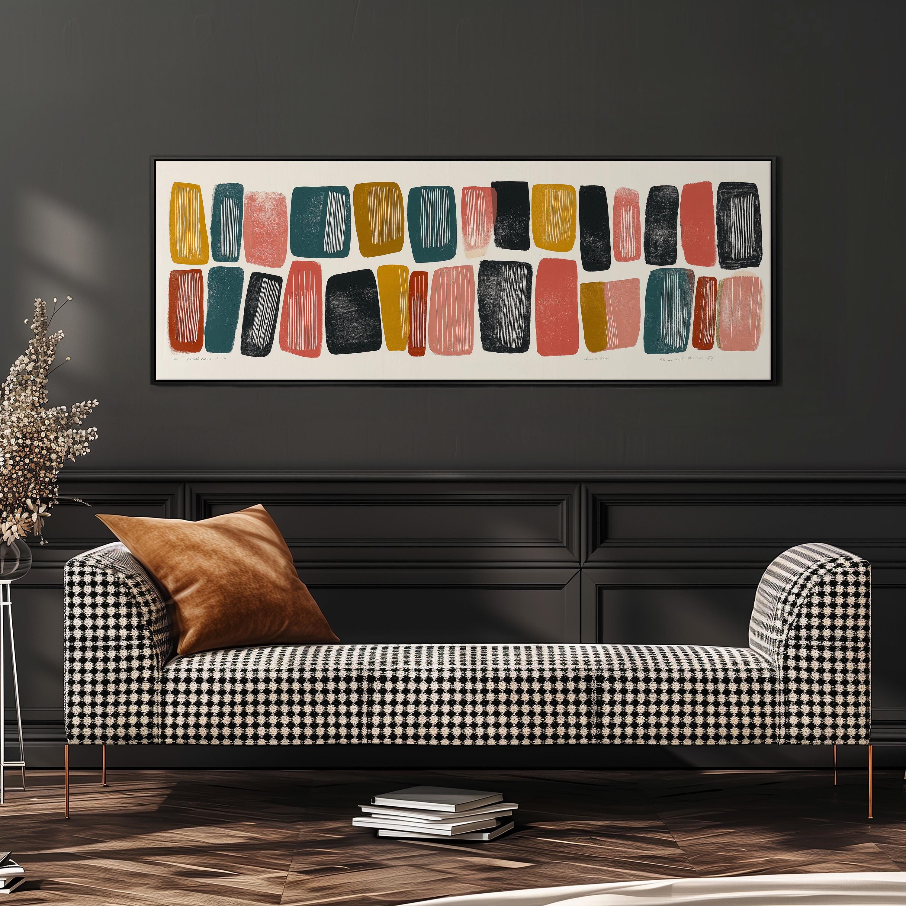 a modern living room with a black and white checkered sofa, a stack of books, and a large abstract painting hanging on the wall above the sofa.