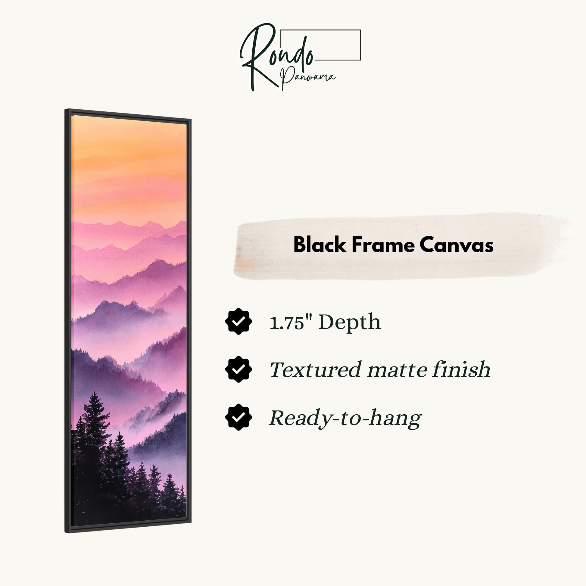 The image is a black frame canvas depicting a mountain landscape with a gradient of colors, including orange, pink, and purple.
