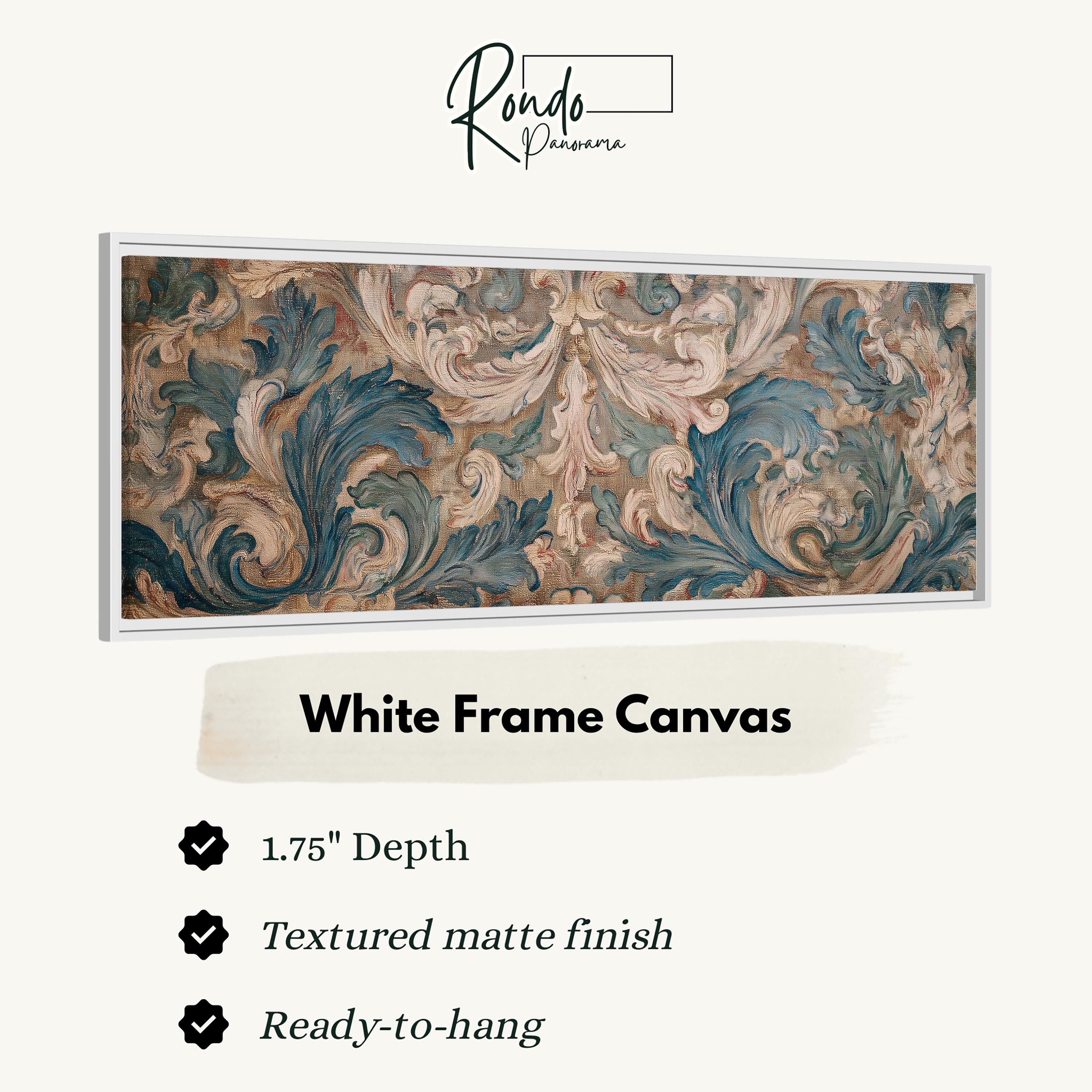 a large, ornate, and intricately designed white frame canvas with a floral pattern. The frame has a 1.75" depth and is textured with a matte finish, making it ready to hang.