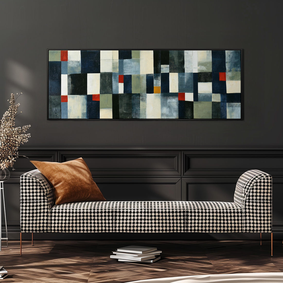 Navy, cream and red patchwork grid long horizontal canvas print above a sofa in a living room