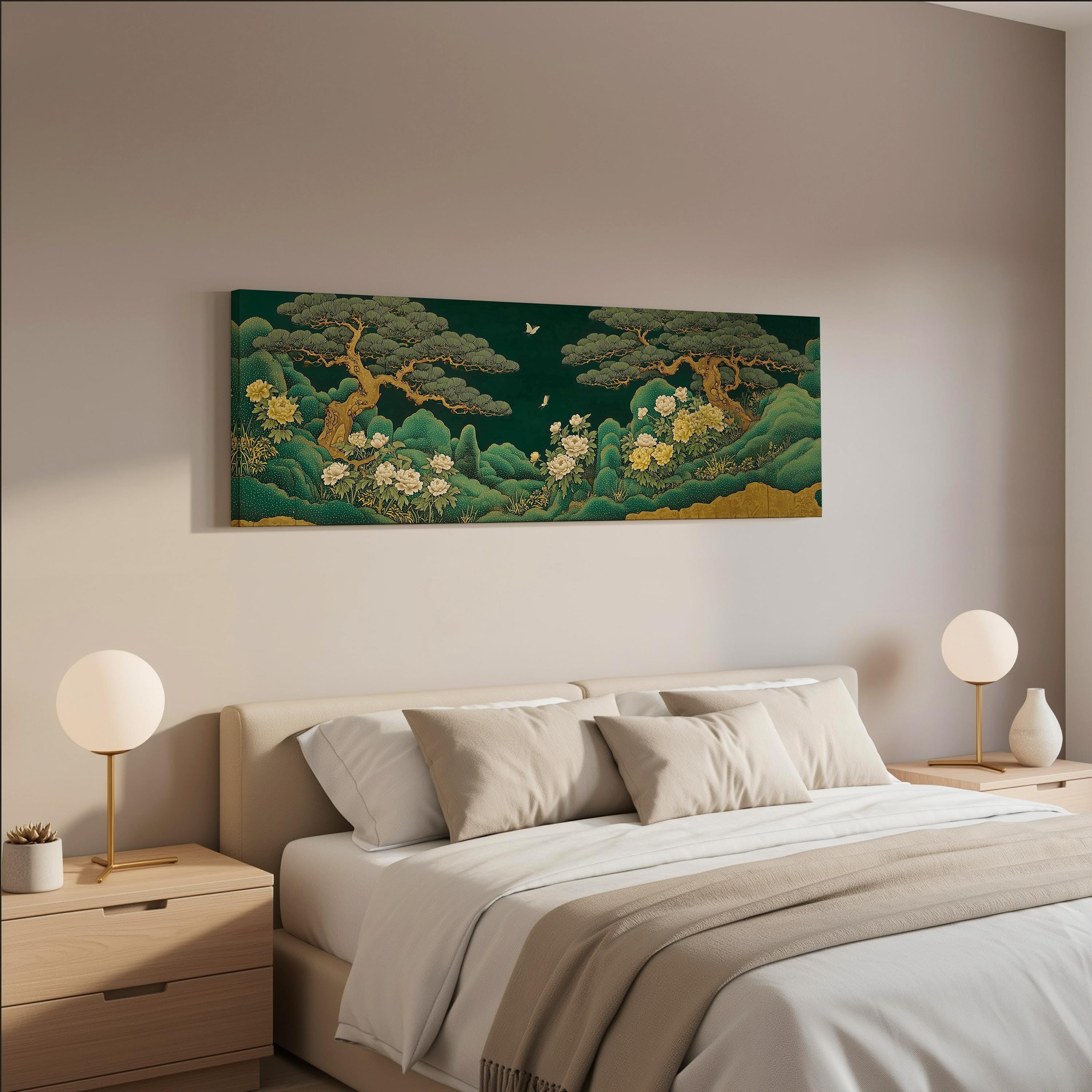 a serene bedroom scene with a large bed adorned with white linens and beige pillows. Above the bed, a large painting of a lush green landscape with trees and flowers is displayed on the wall. The room is decorated with two round lamps on nightstands, and the overall color scheme is predominantly neutral, creating a calm and peaceful atmosphere.