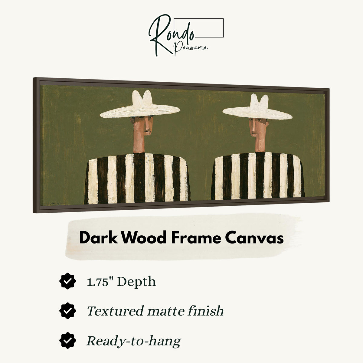 Two figures in striped shirts canvas print in a dark wood floating frame