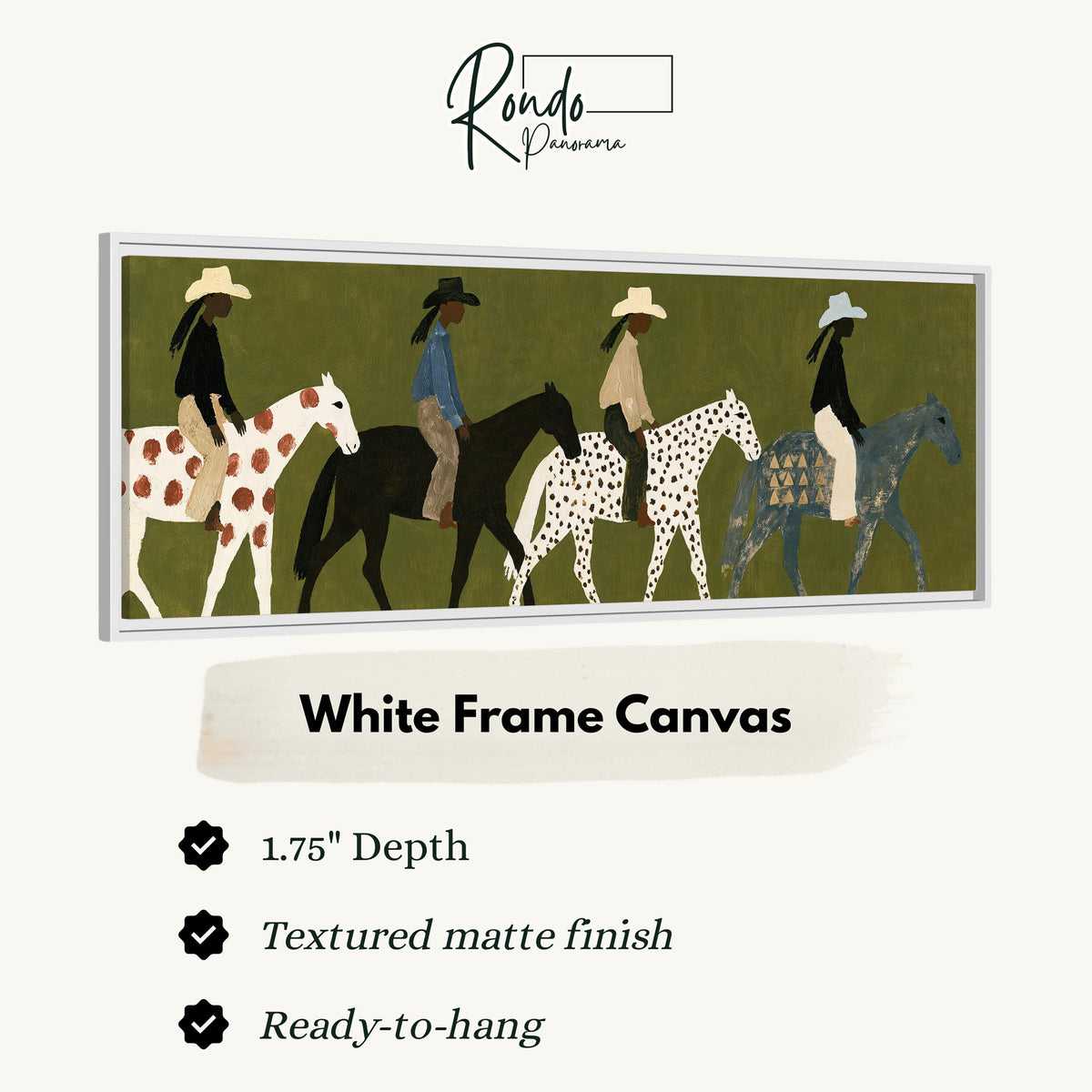 Riders on spotted ponies on olive green canvas print in a white floating frame