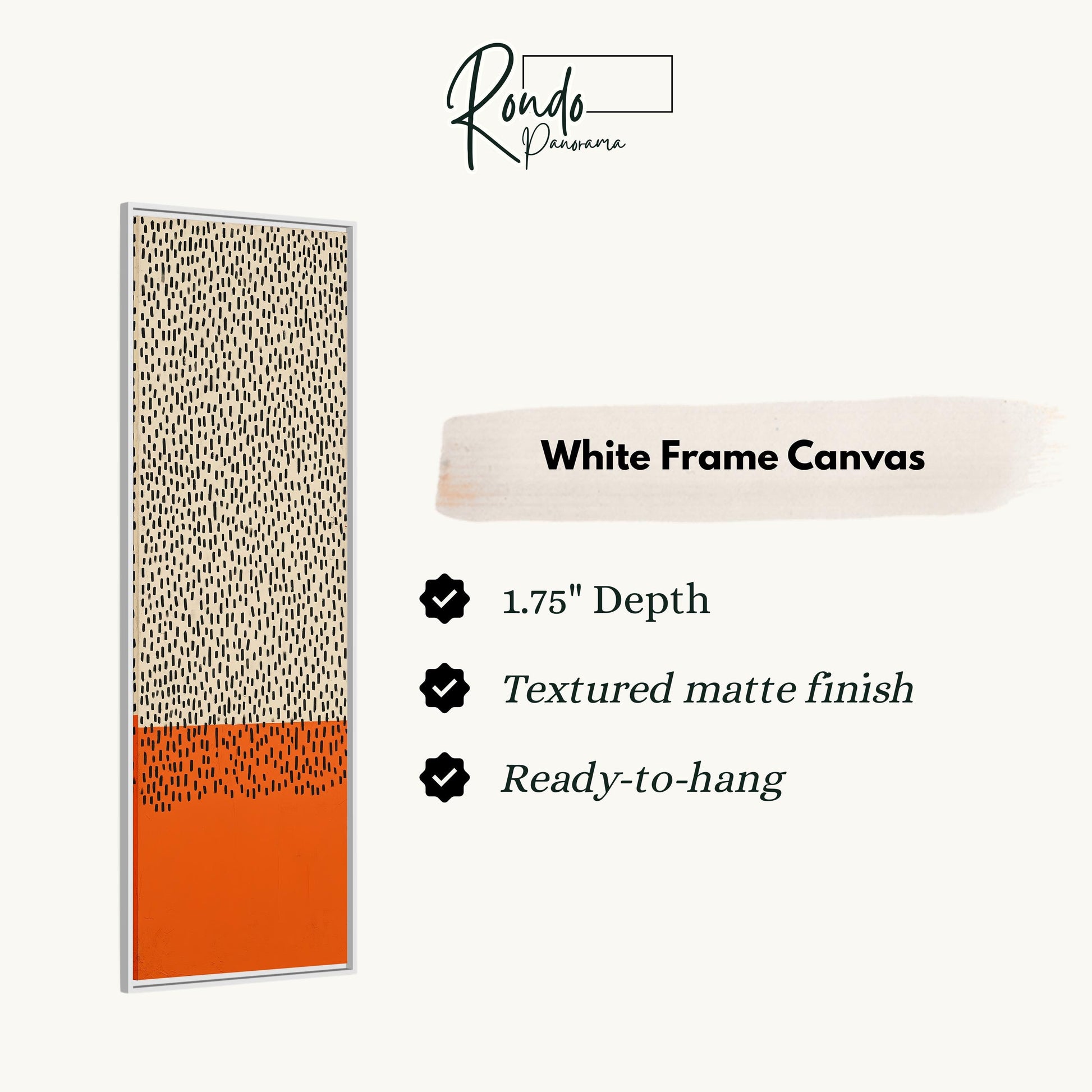 The image is a product description for a white frame canvas. It features a vertical piece of art with a dotted pattern in shades of orange and beige. The canvas has a 1.75" depth, a textured matte finish, and is ready to hang.