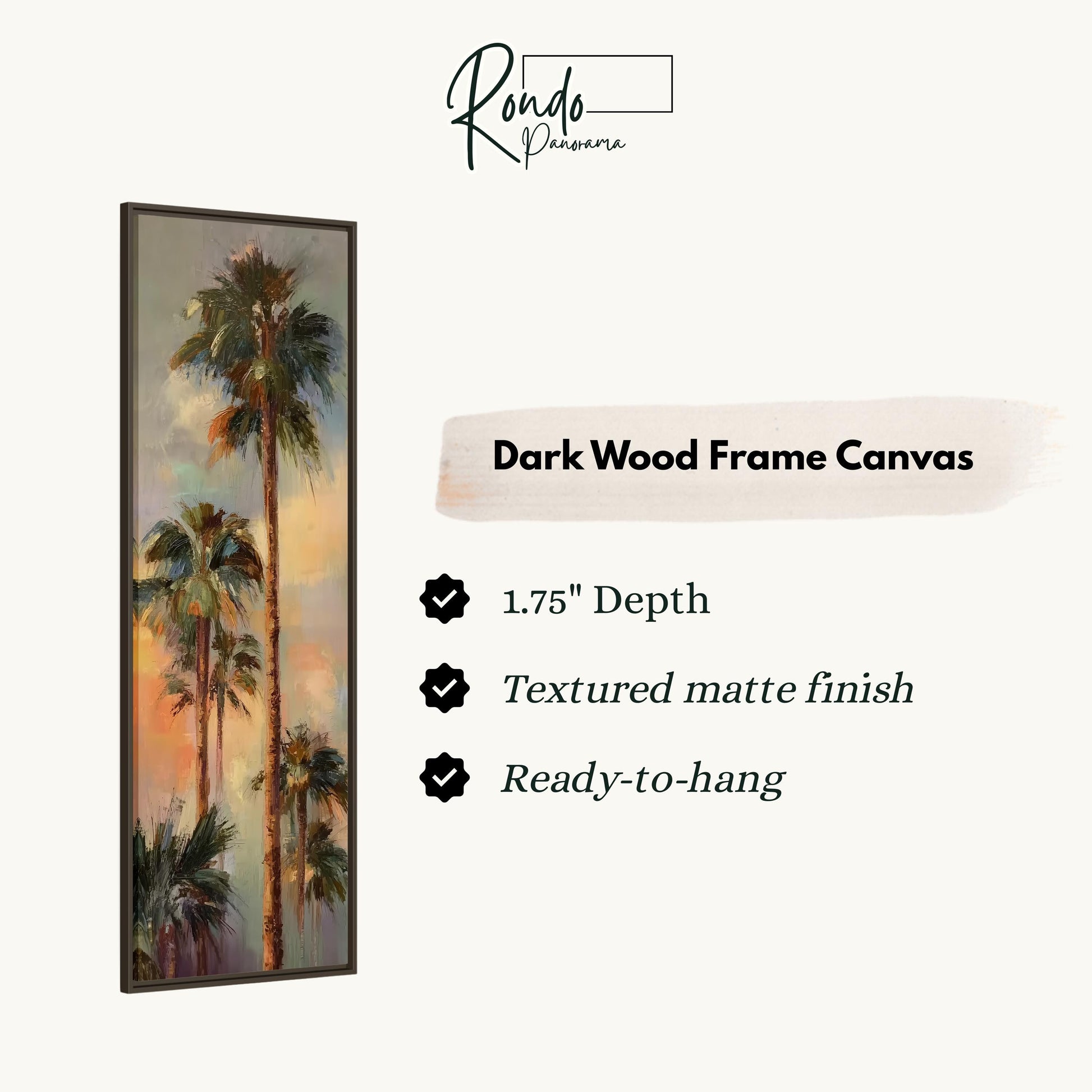 The image is a dark wood frame canvas depicting a tropical scene with palm trees.