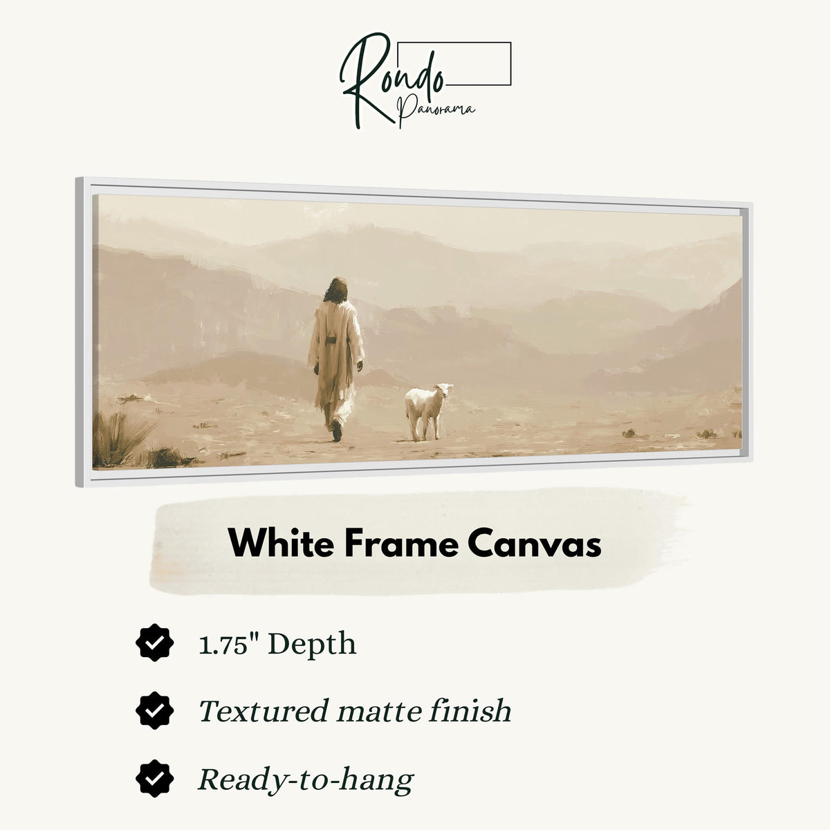 Jesus walking with a lamb through the desert canvas print in a white floating frame