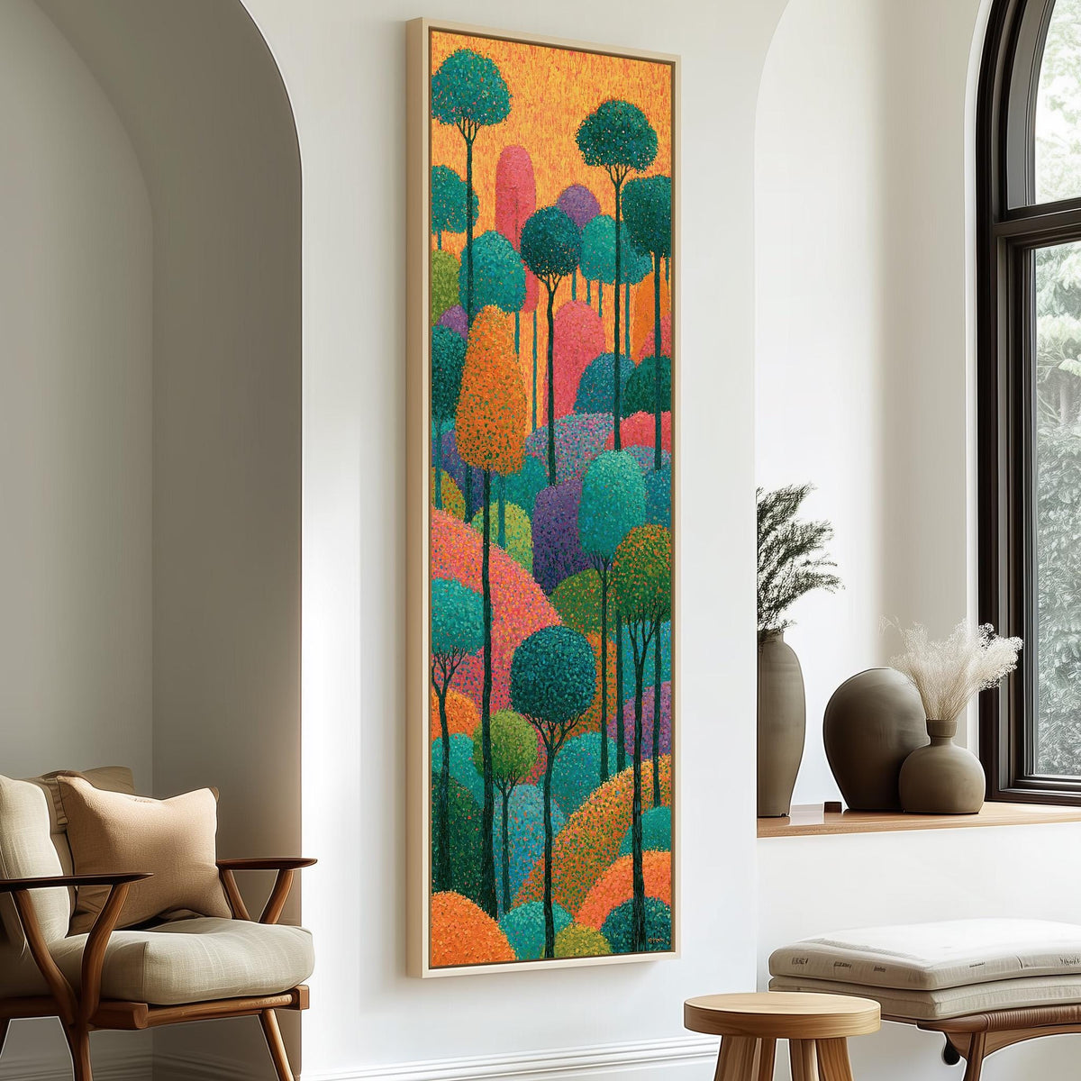 Dotted rainbow forest tall skinny canvas print in a sunlit living space