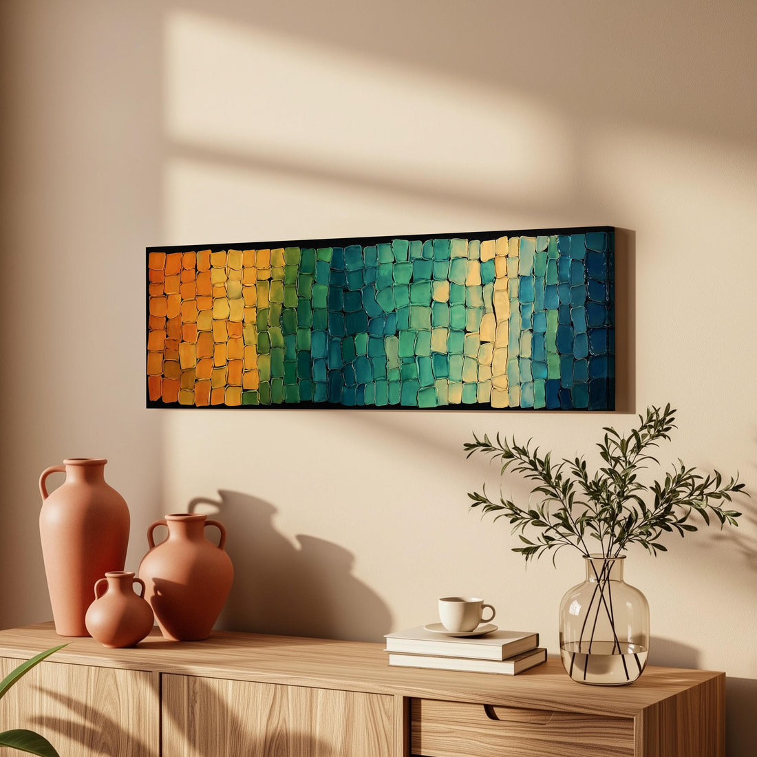 a wooden cabinet with a vase of greenery, a stack of books, and a framed abstract painting hanging on the wall above it.