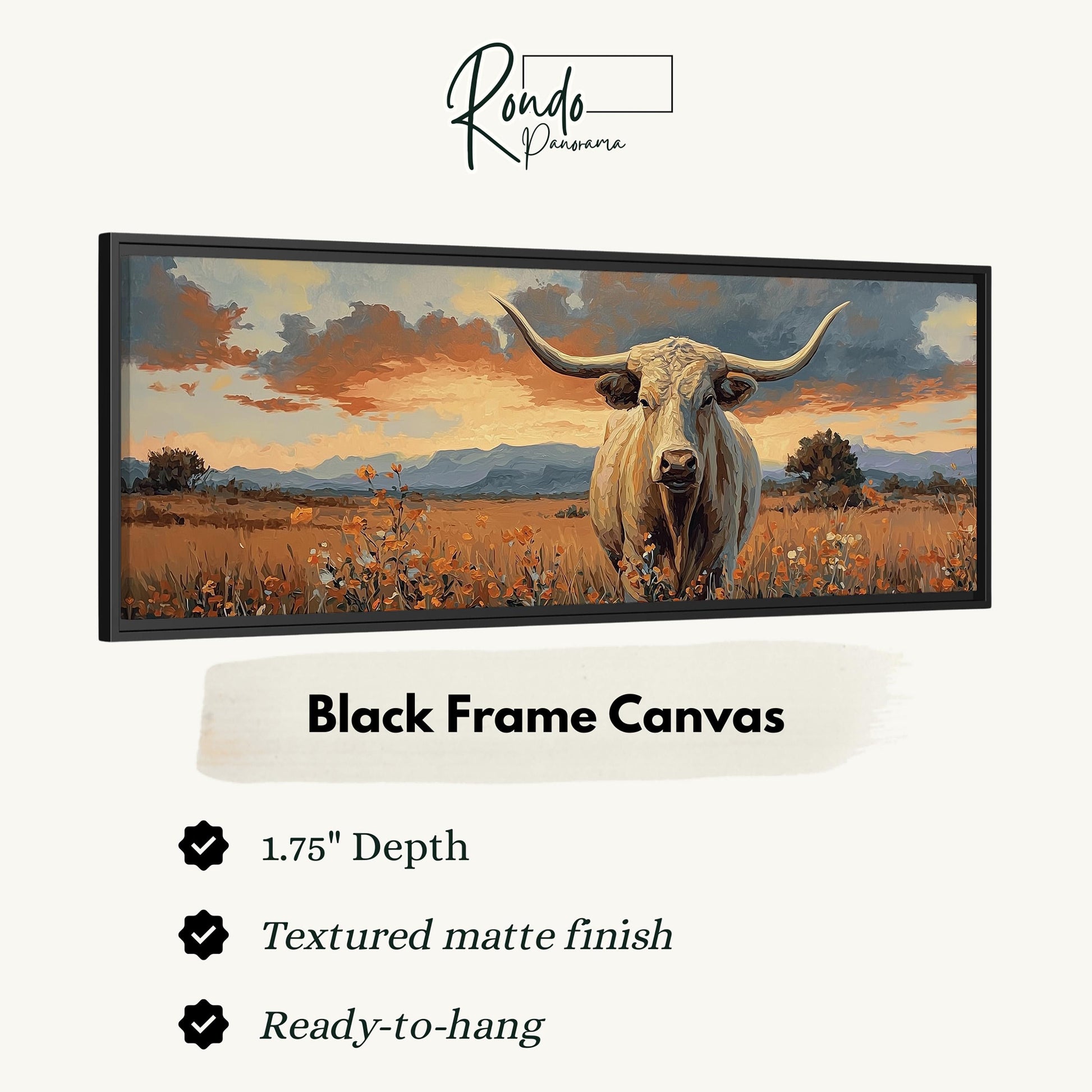 The image is a black frame canvas depicting a bull standing in a field with mountains in the background.