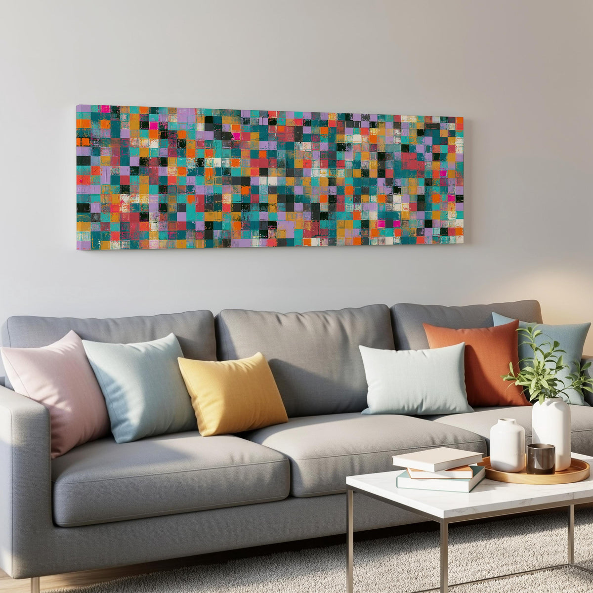 Jewel tone checker mosaic panoramic canvas print above a grey sofa in a living room