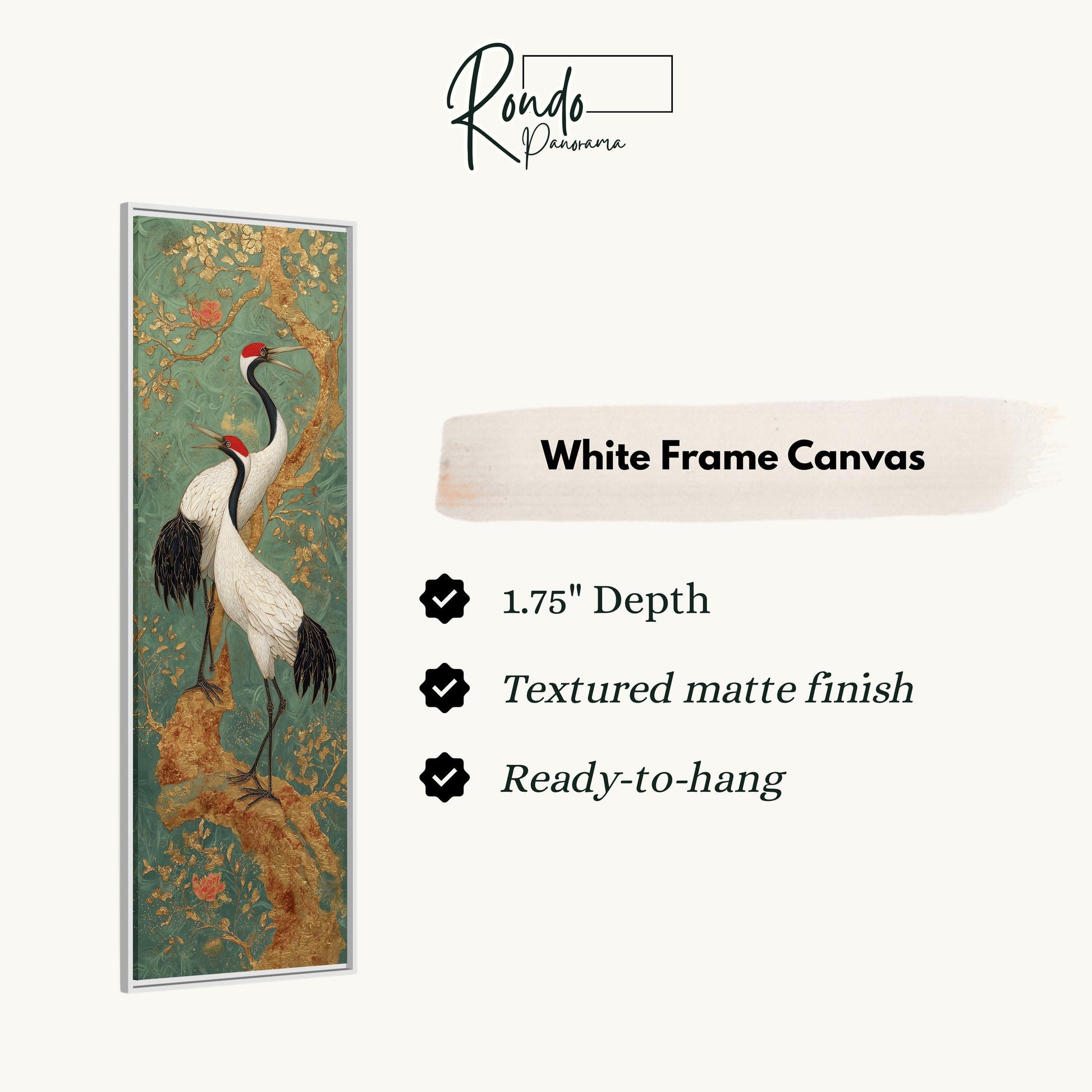 The image is a white frame canvas featuring a painting of two white birds with black legs and necks standing on a branch with green leaves and flowers.