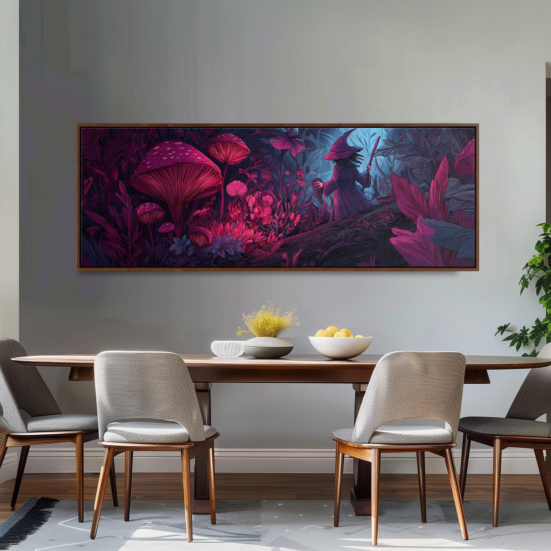 a large, colorful painting of a mushroom forest hanging on a wall above a black and white checkered sofa.