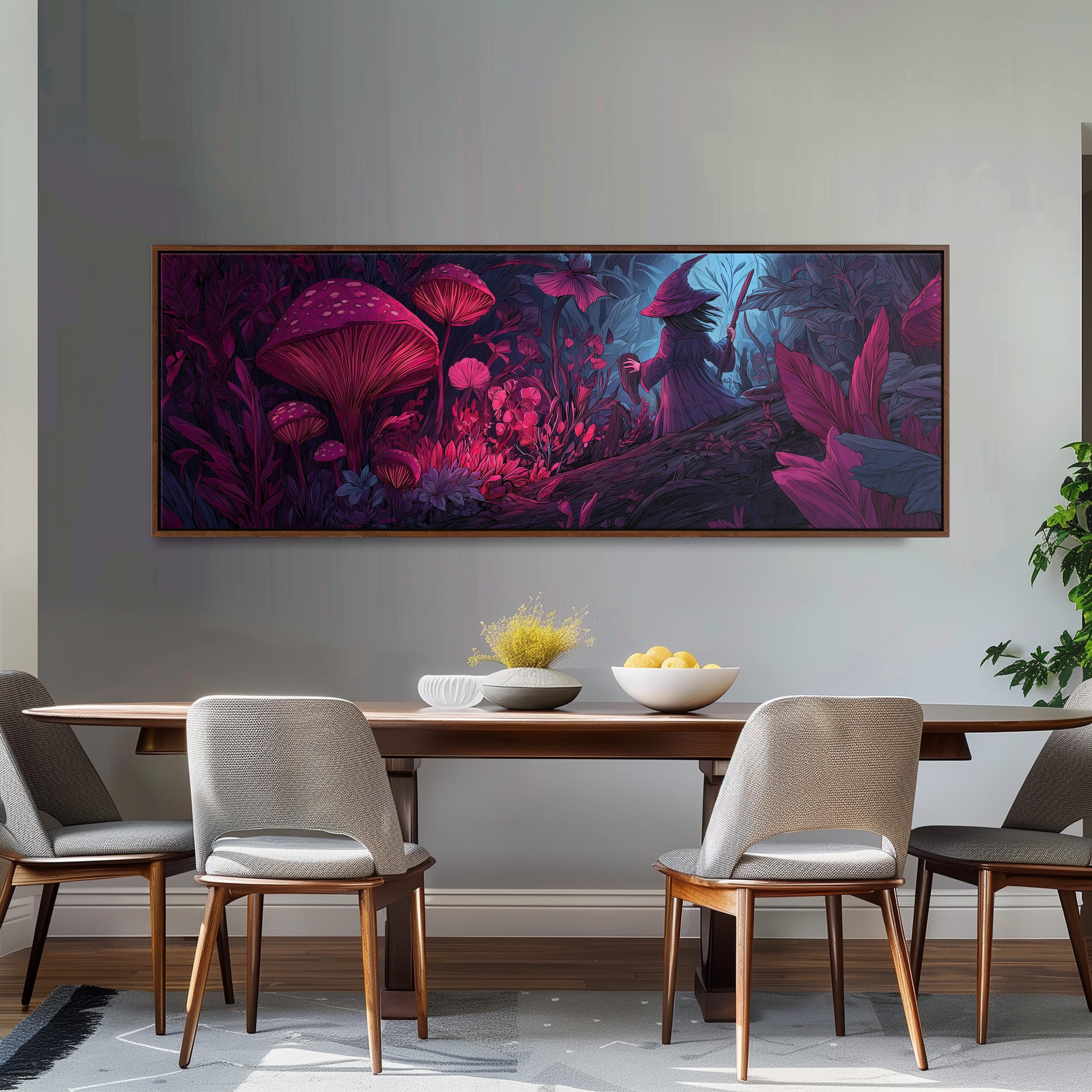 a dining room with a large, colorful painting of mushrooms and plants hanging on the wall above a wooden dining table with four chairs.