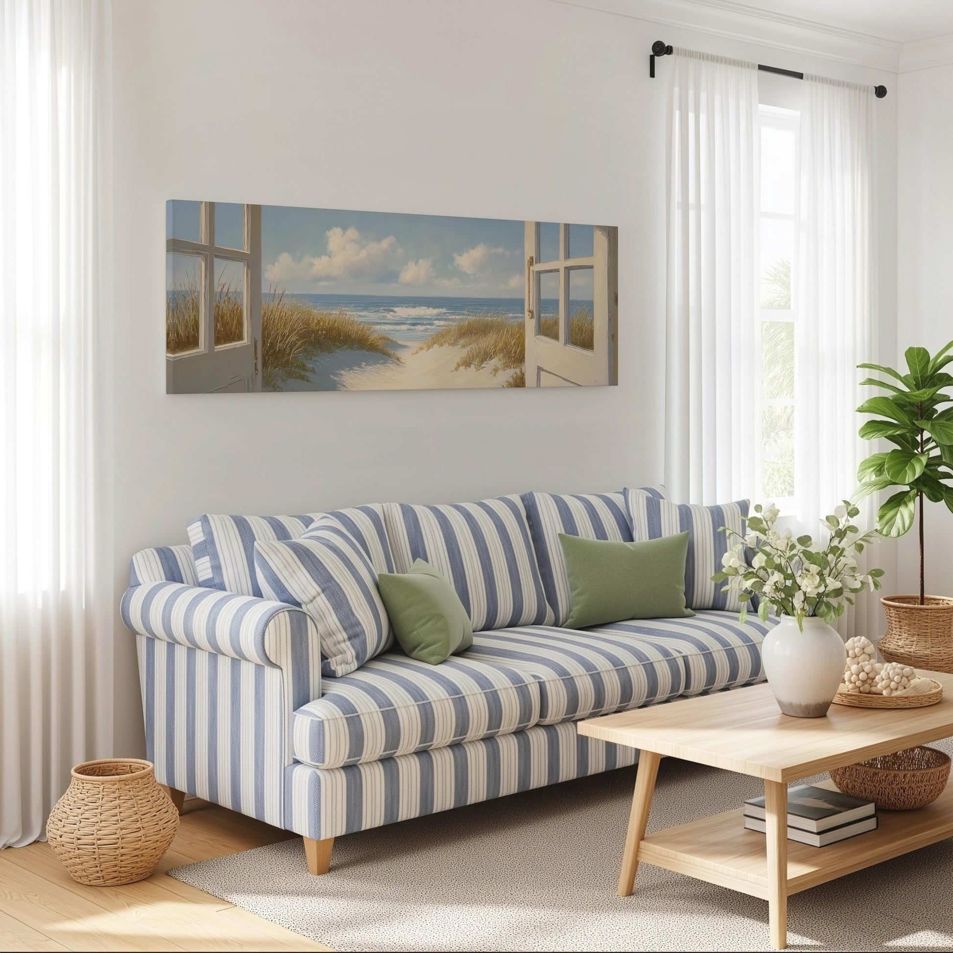 a cozy living room with a striped blue and white sofa, a wooden coffee table, and a large window overlooking a beach. The room is decorated with a painting of a beach scene, a potted plant, and a basket on the floor.