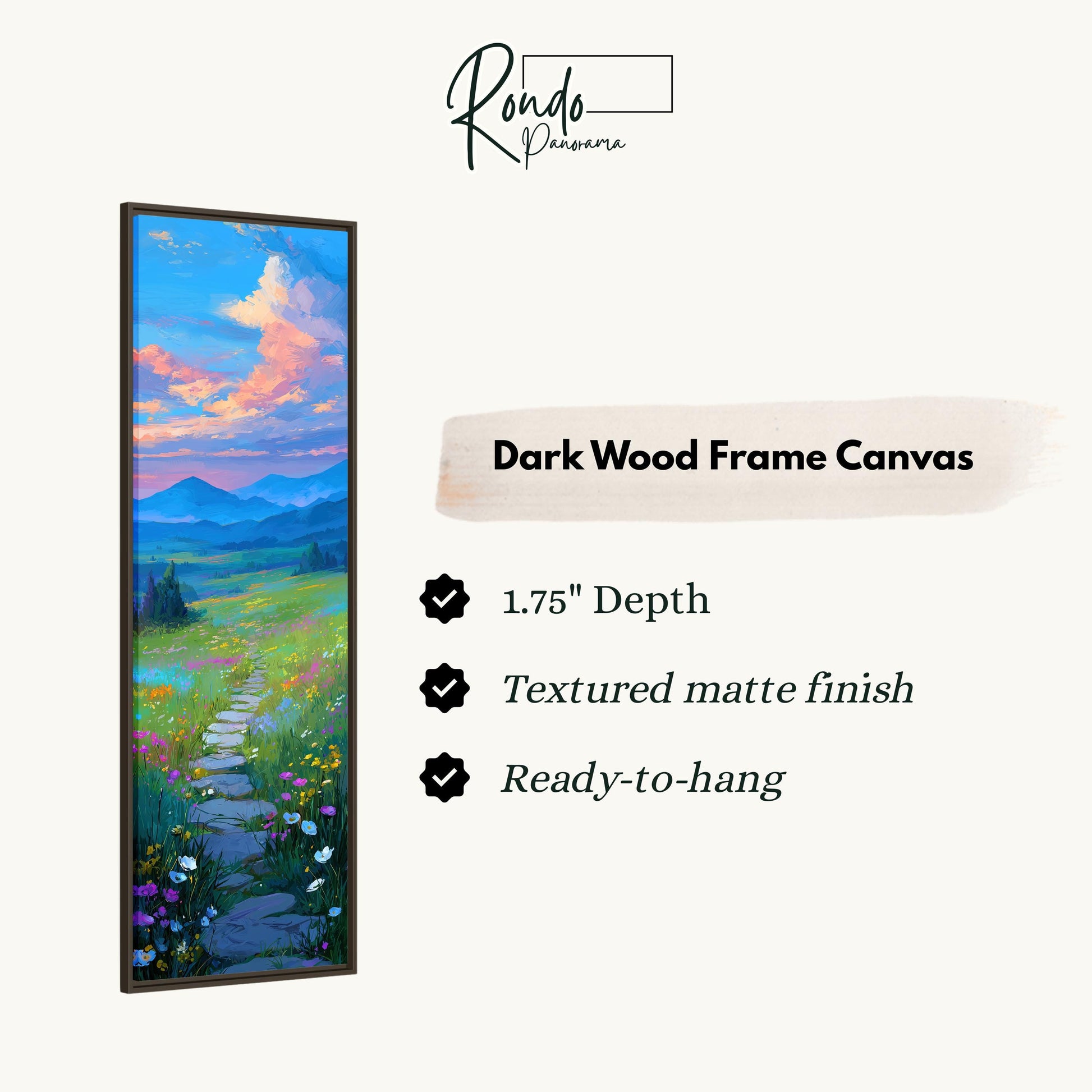 The image is a rectangular dark wood frame canvas depicting a scenic landscape with a winding path leading through a field of flowers and mountains.
