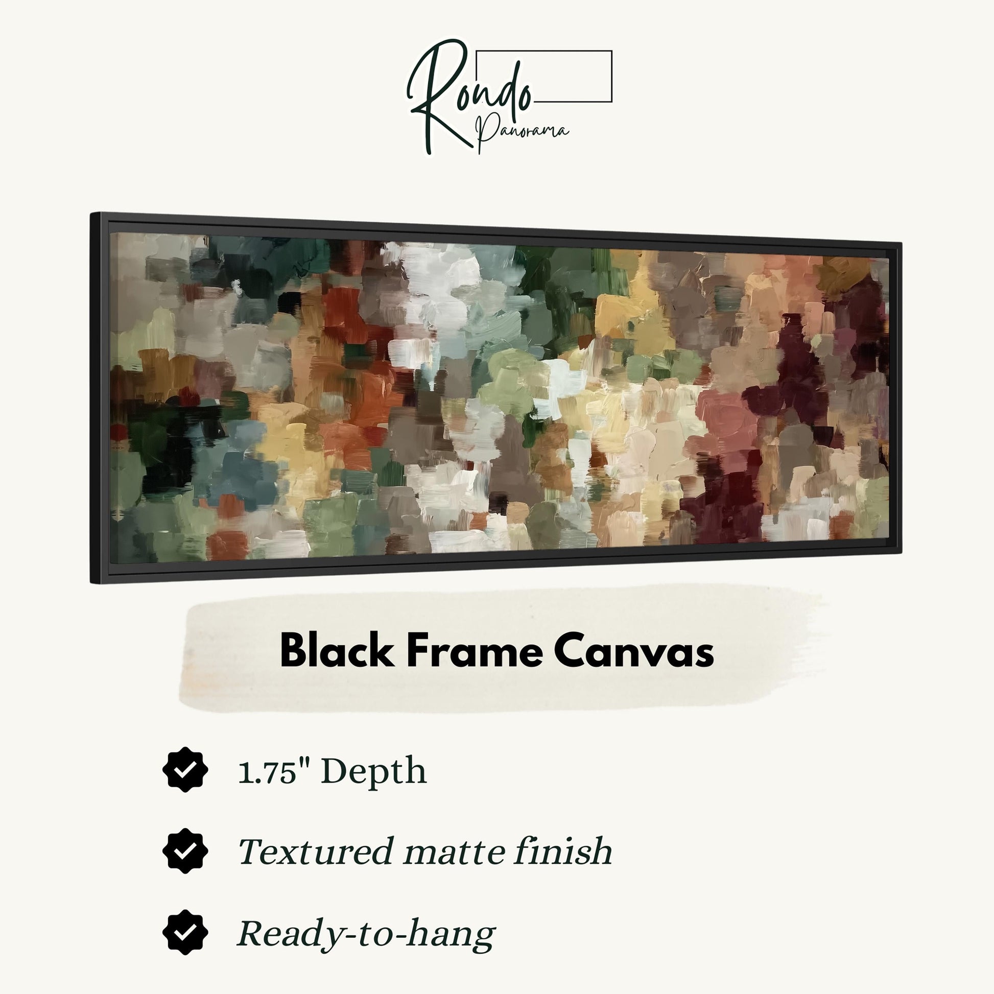The image is a black frame canvas with a textured matte finish, measuring 1.75" in depth. It is ready to hang and has a textured matte finish.