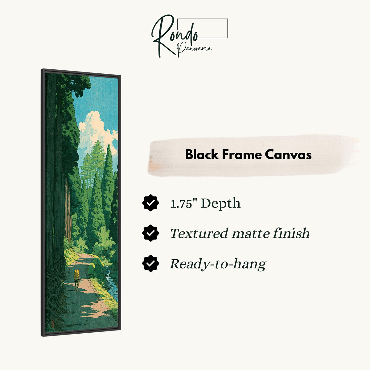 Hiker on a forest trail in a woodblock style canvas print in a black floating frame