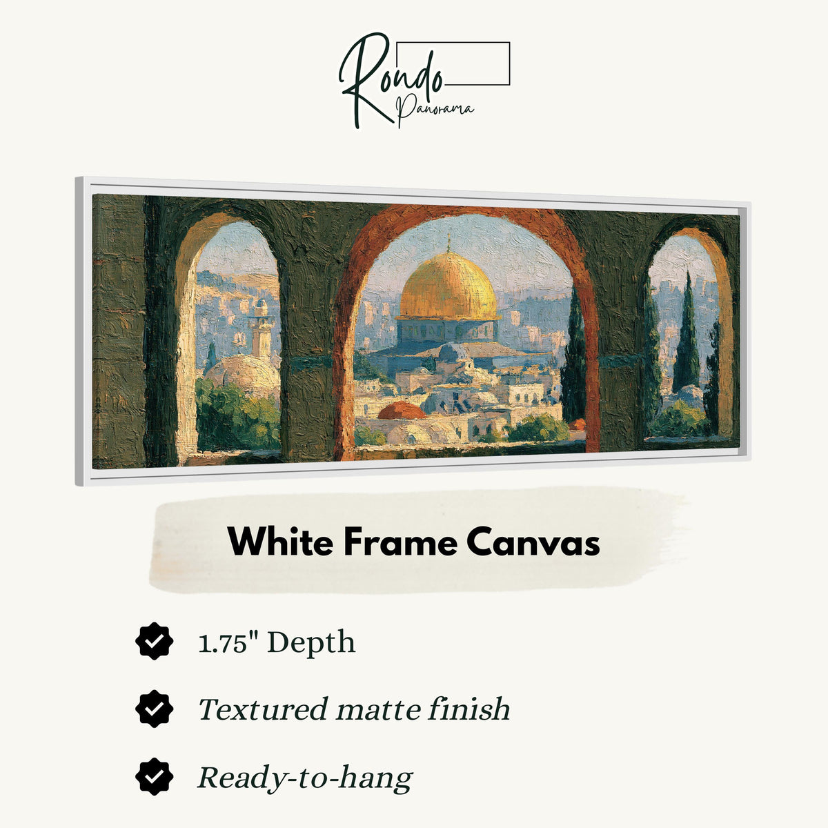 Dome of the Rock seen through stone arches canvas print in a white floating frame