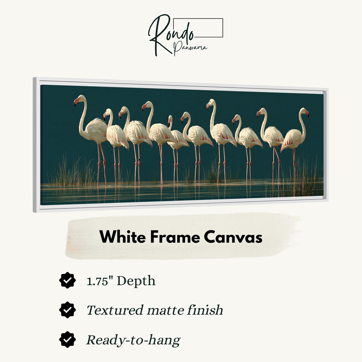 Pale flamingos wading on teal canvas print in a white floating frame