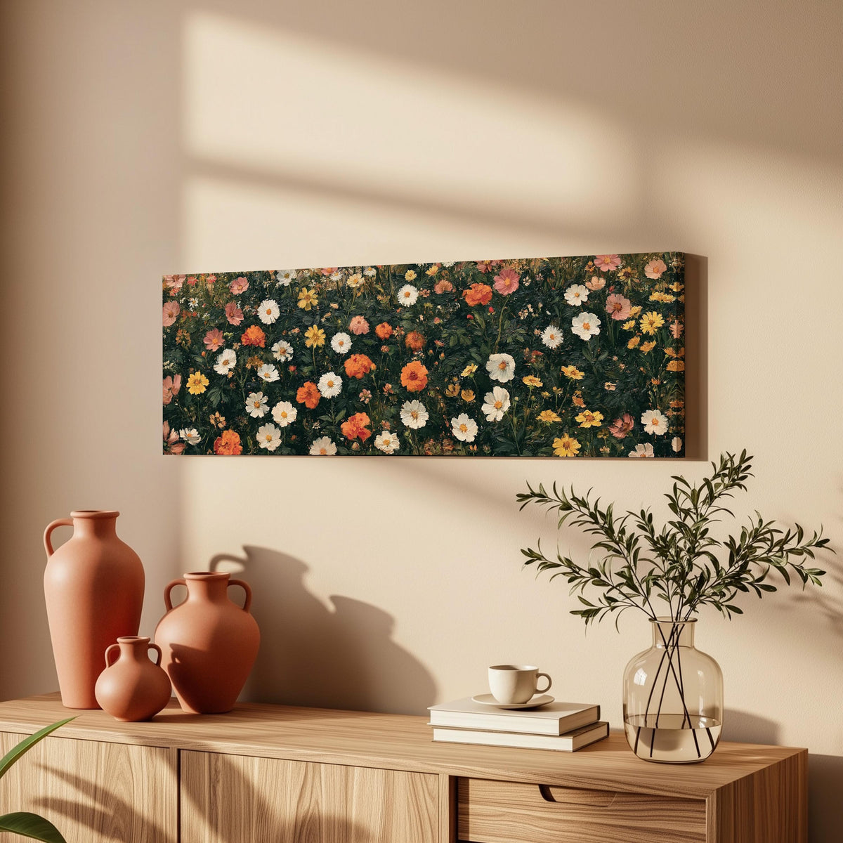 Blooming floral tapestry on dark green long horizontal canvas print above a wooden sideboard