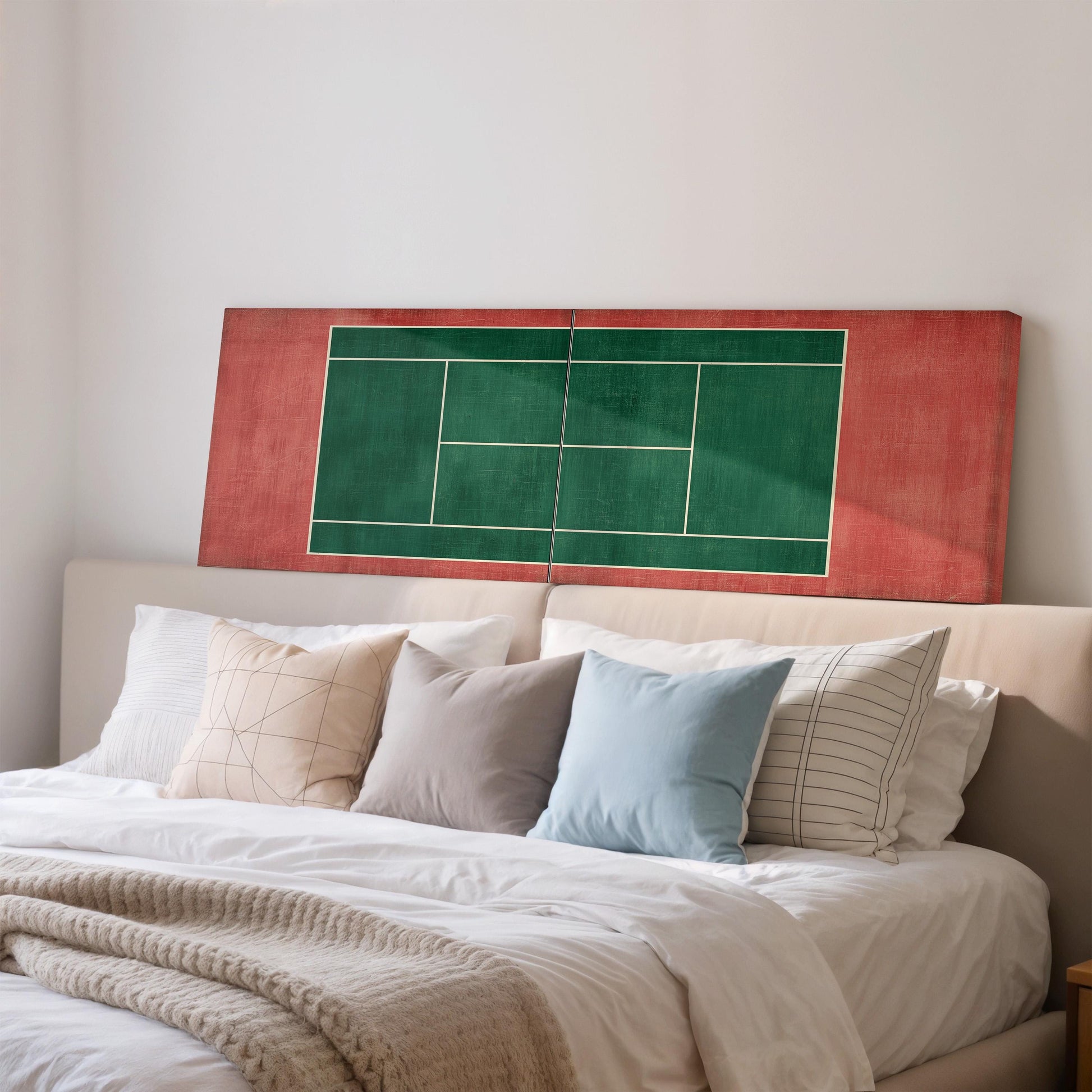 a bedroom with a bed and a large canvas print of a tennis court on the wall above it.