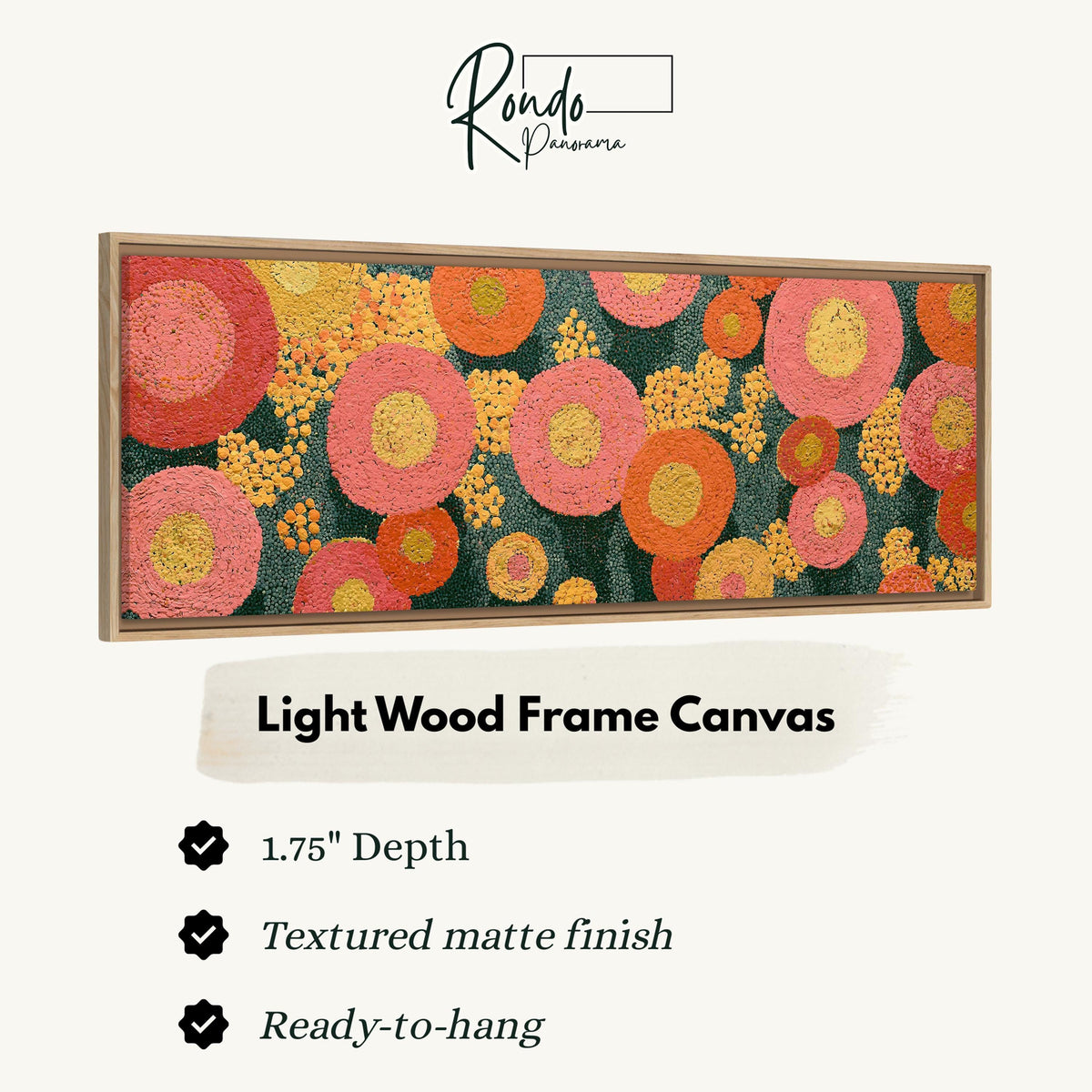 Pink circle blooms canvas print in a light wood floating frame