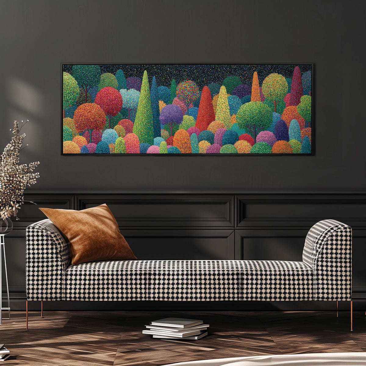 Whimsical rainbow pointillist forest wide panoramic canvas print above a bench in a dark living room