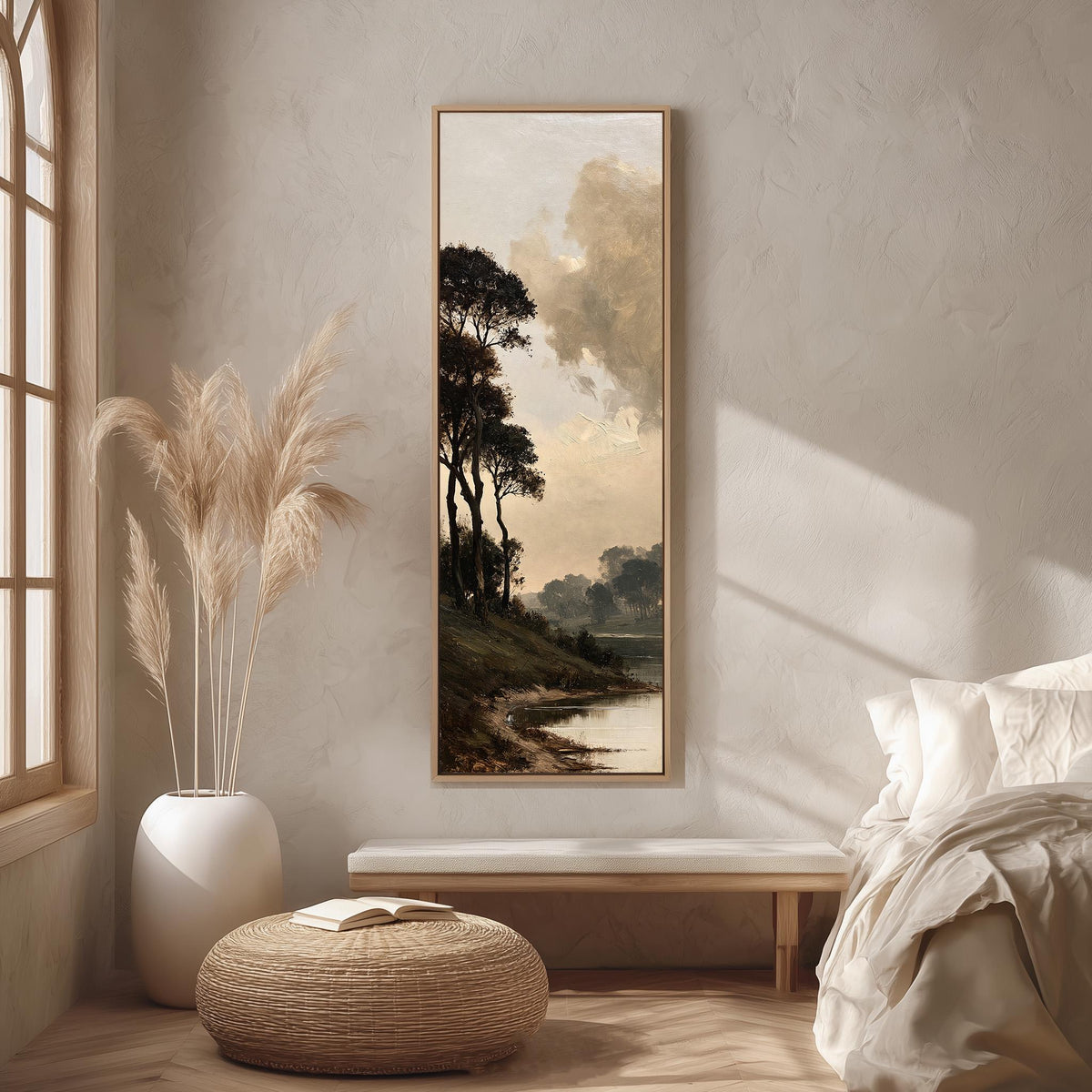 Dark trees by a misty lake in golden brown tones long vertical canvas print in a bright reading corner
