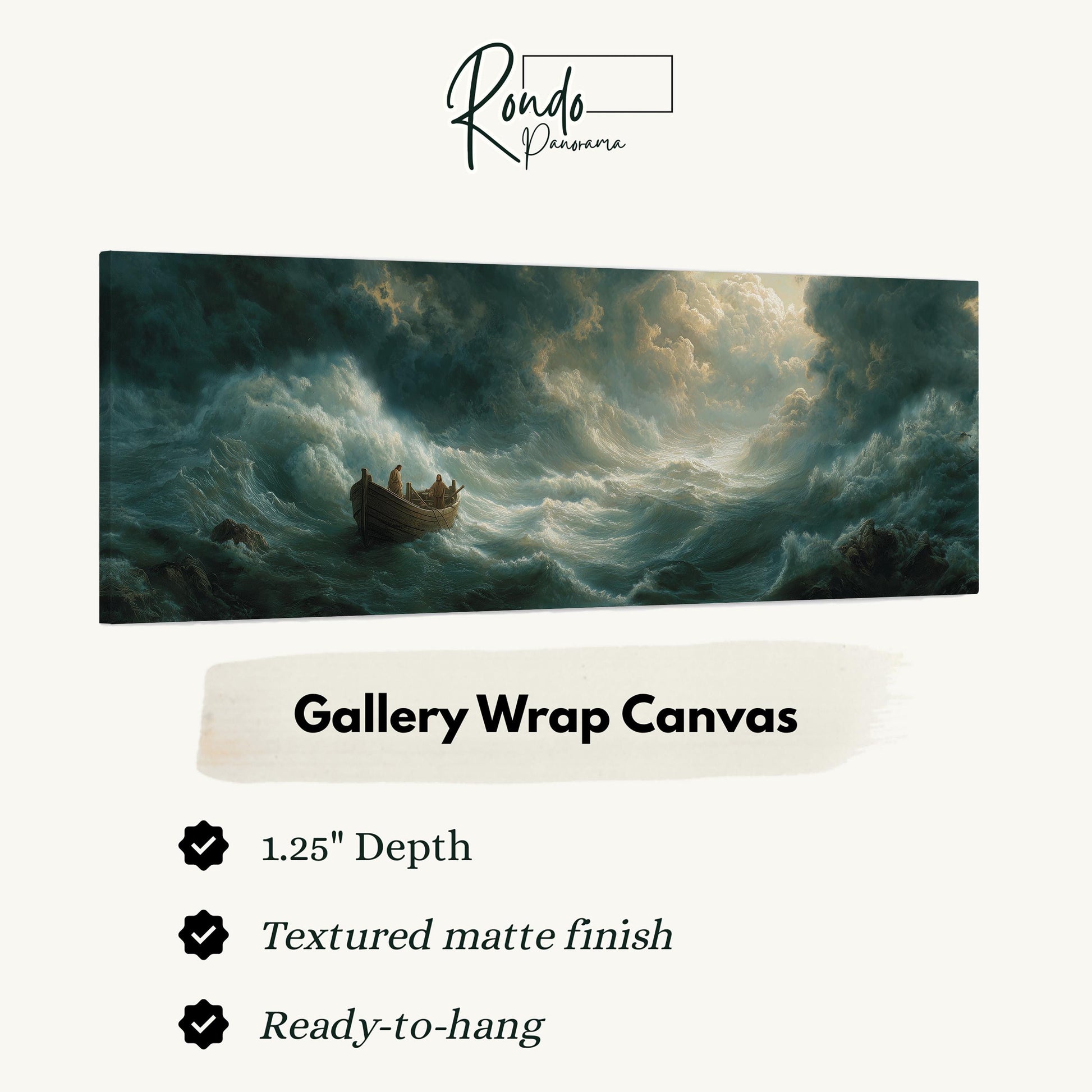The image is a painting of a boat in rough seas, with a dramatic and stormy background.