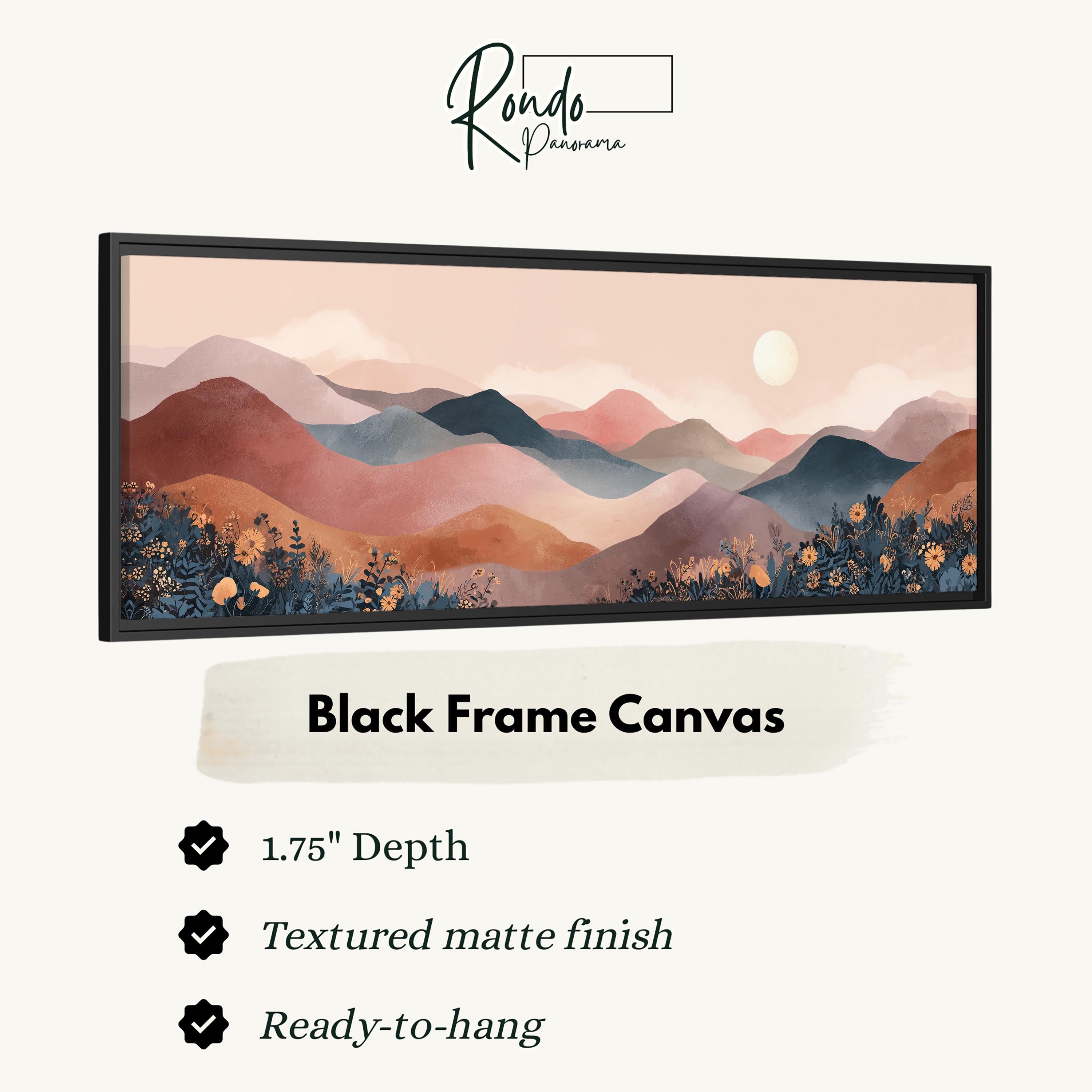 The image is a black frame canvas depicting a landscape with mountains and flowers.
