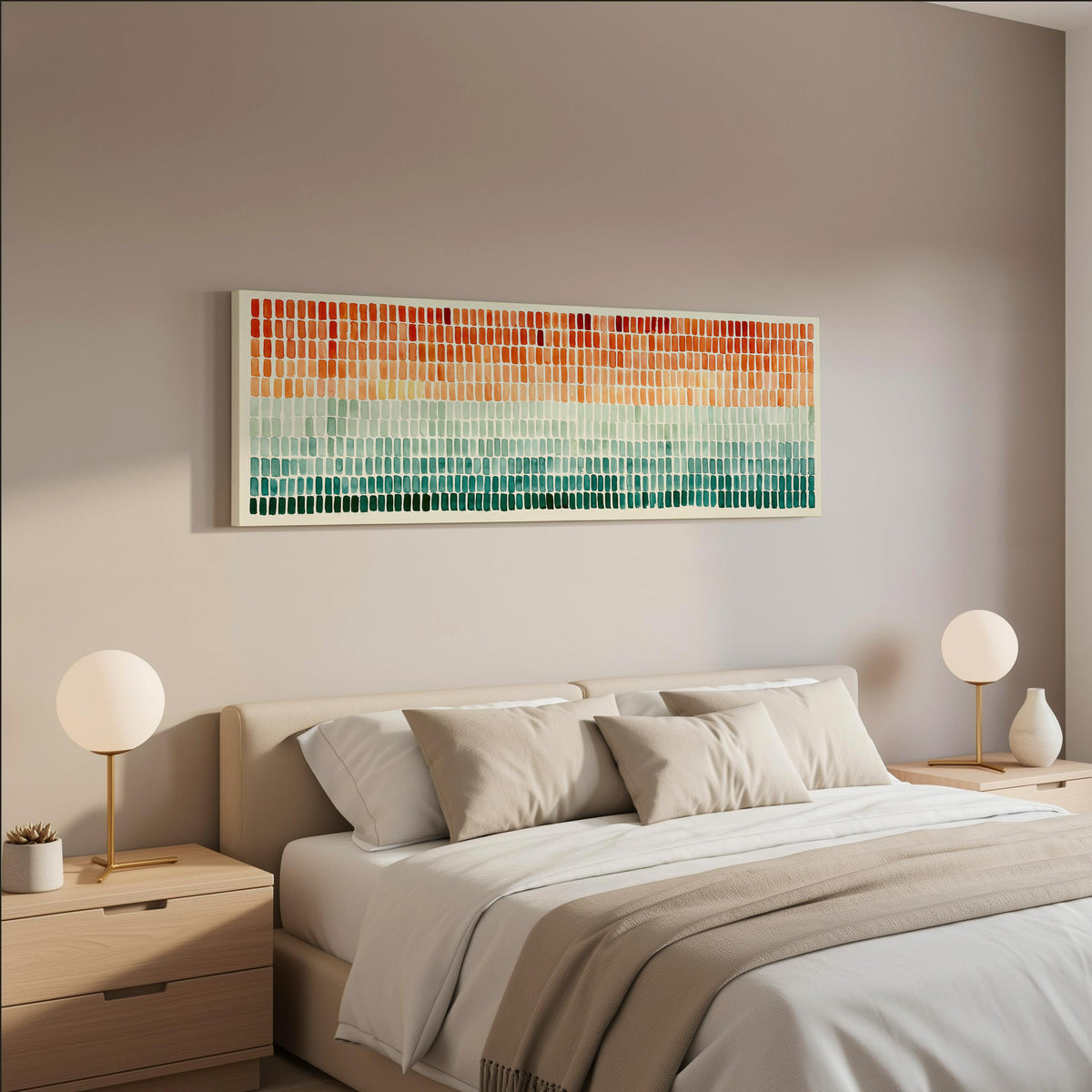 Brushmarks fading from orange to teal wide panoramic canvas print above a bed in a neutral bedroom