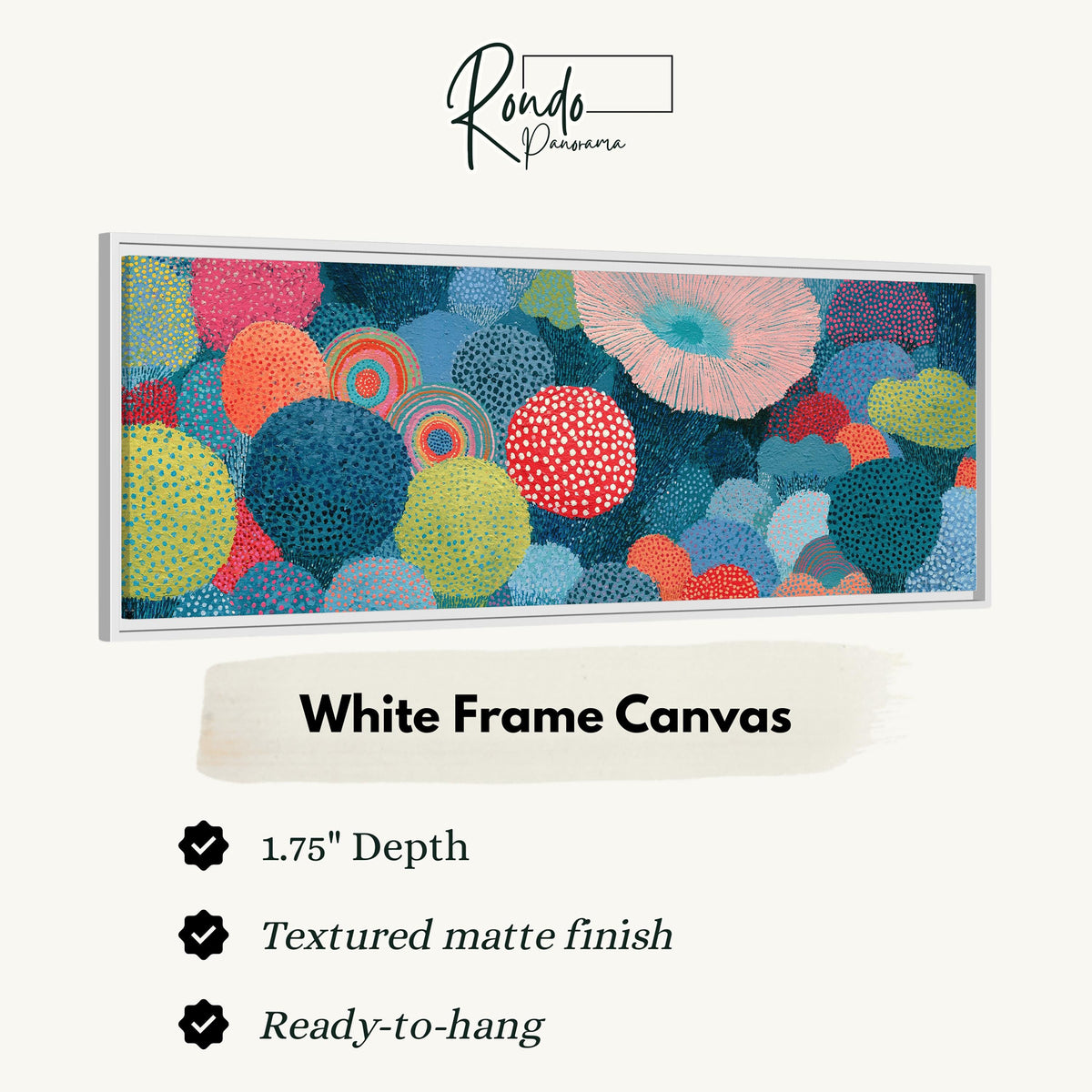 Coral spirals and dotted circles canvas print in a white floating frame