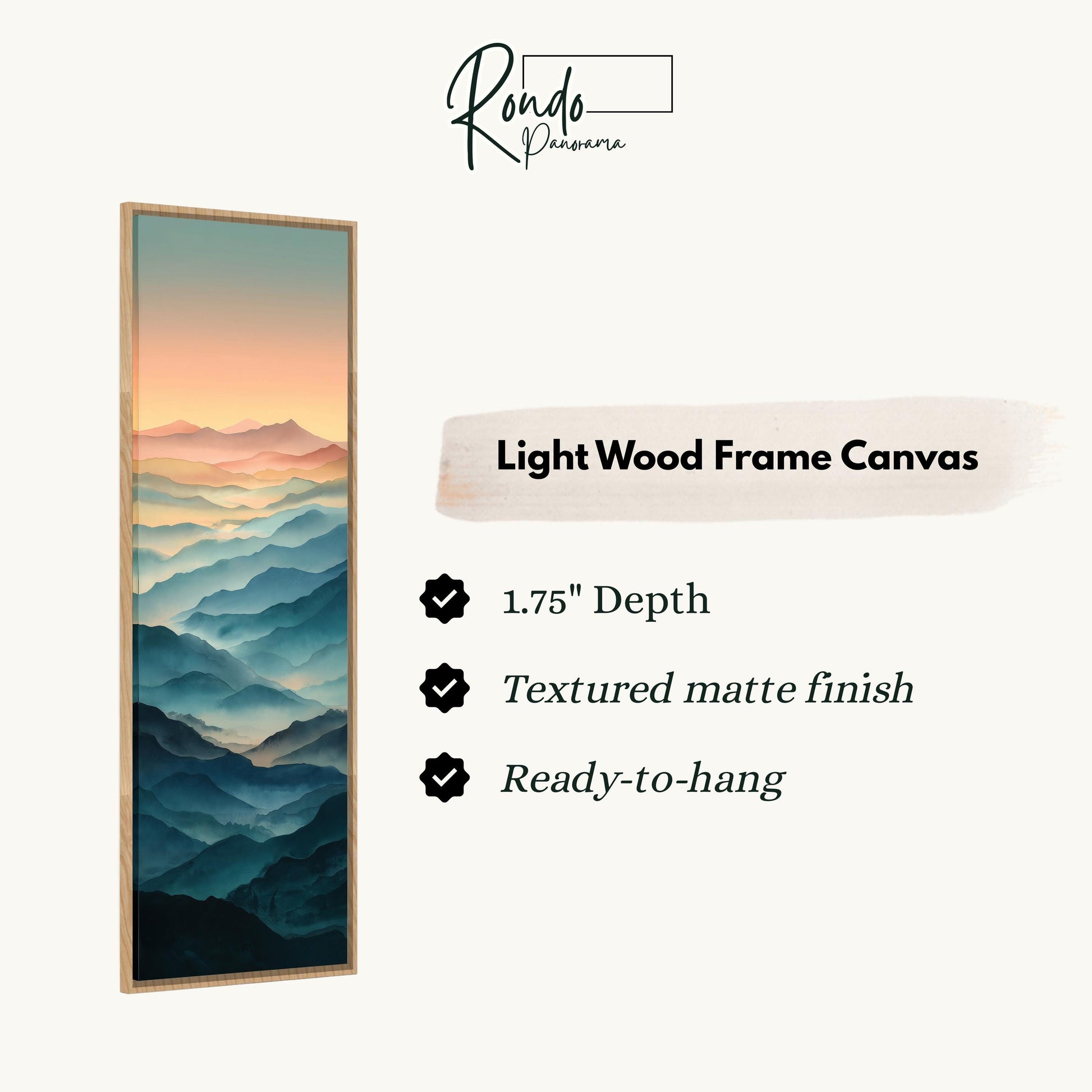 The image is a vertical text box containing information about a light wood frame canvas.