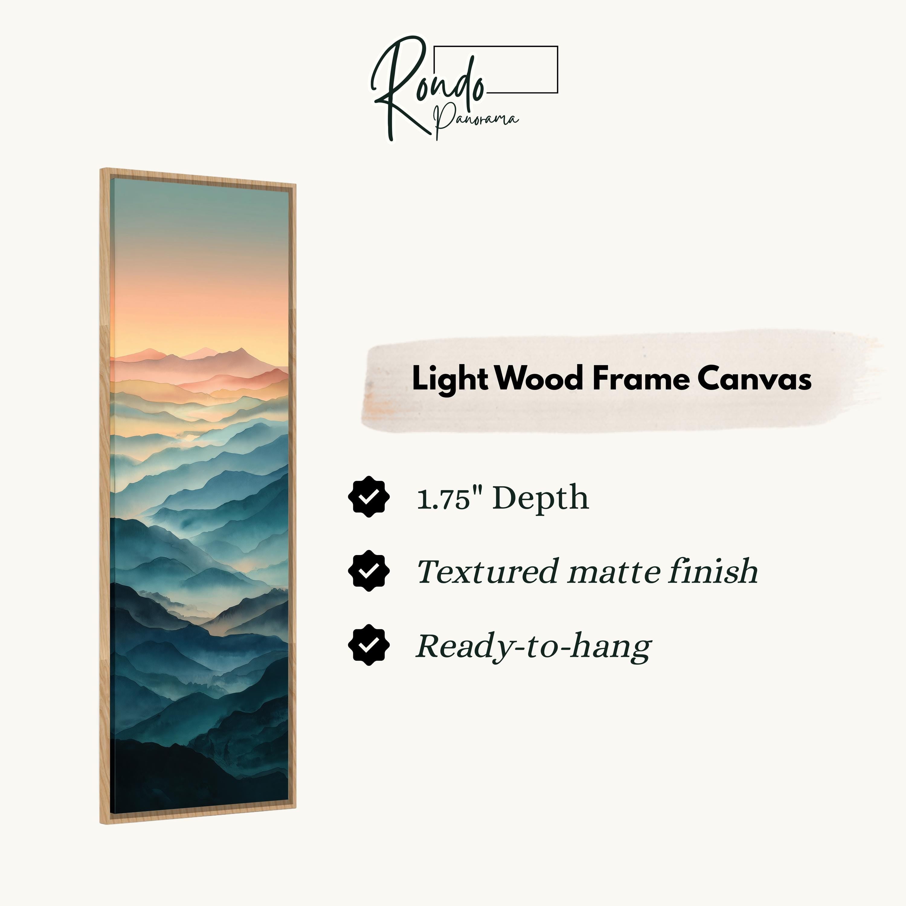 The image is a vertical text box containing information about a light wood frame canvas.