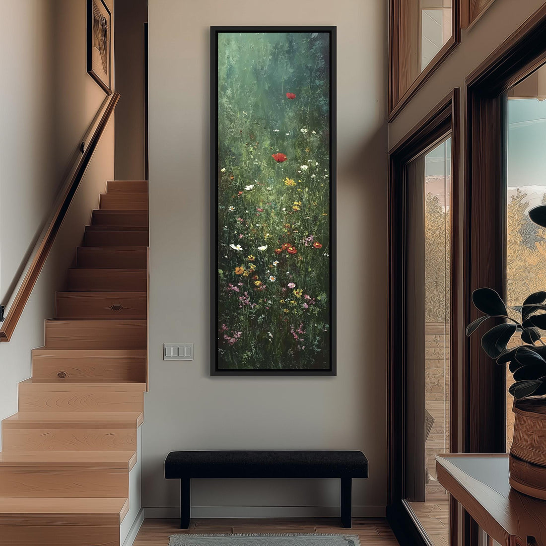 a large, framed painting of a lush, colorful garden scene hanging on a wall.