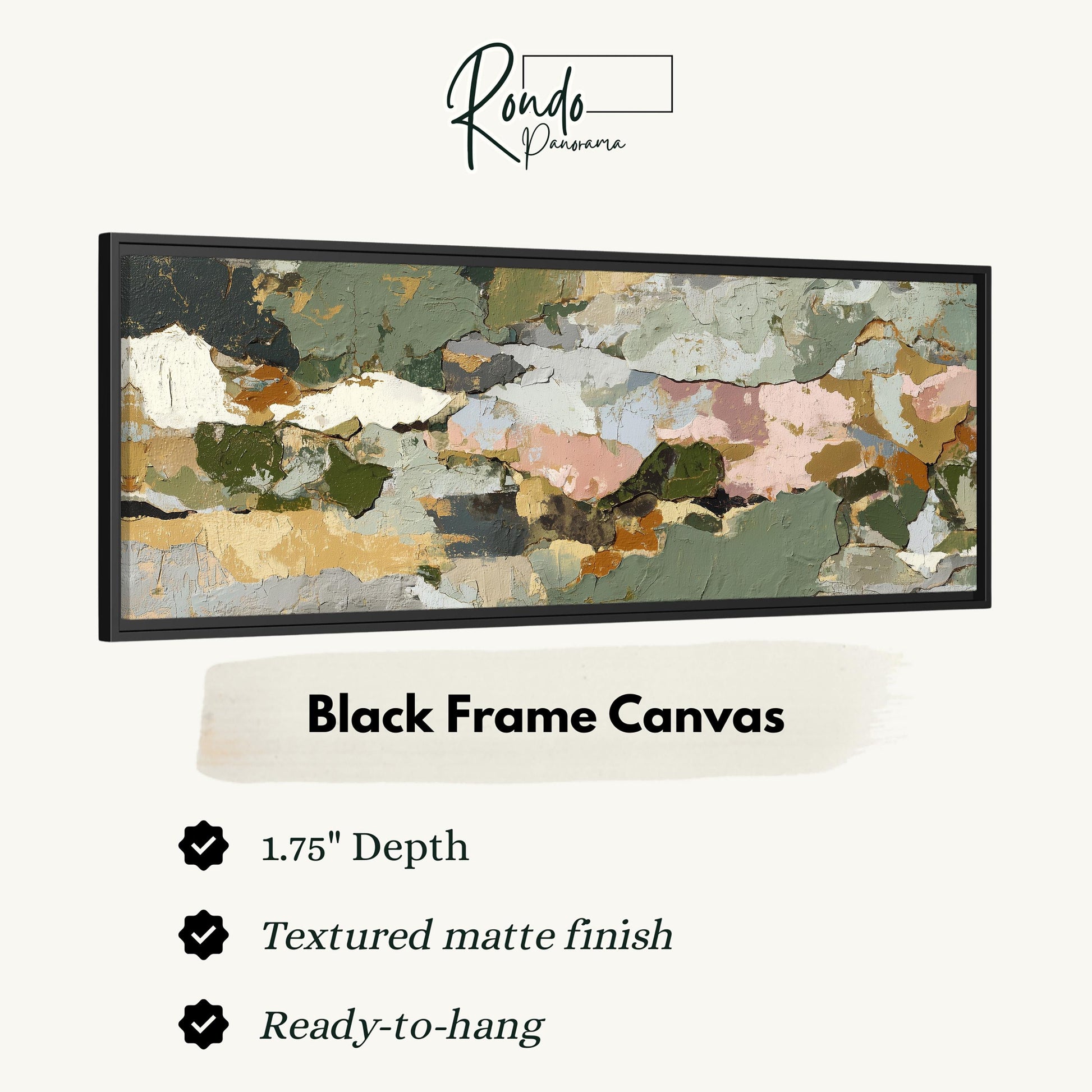 The image is a black frame canvas with a textured matte finish, measuring 1.75" in depth. It is ready to hang and has a textured matte finish.