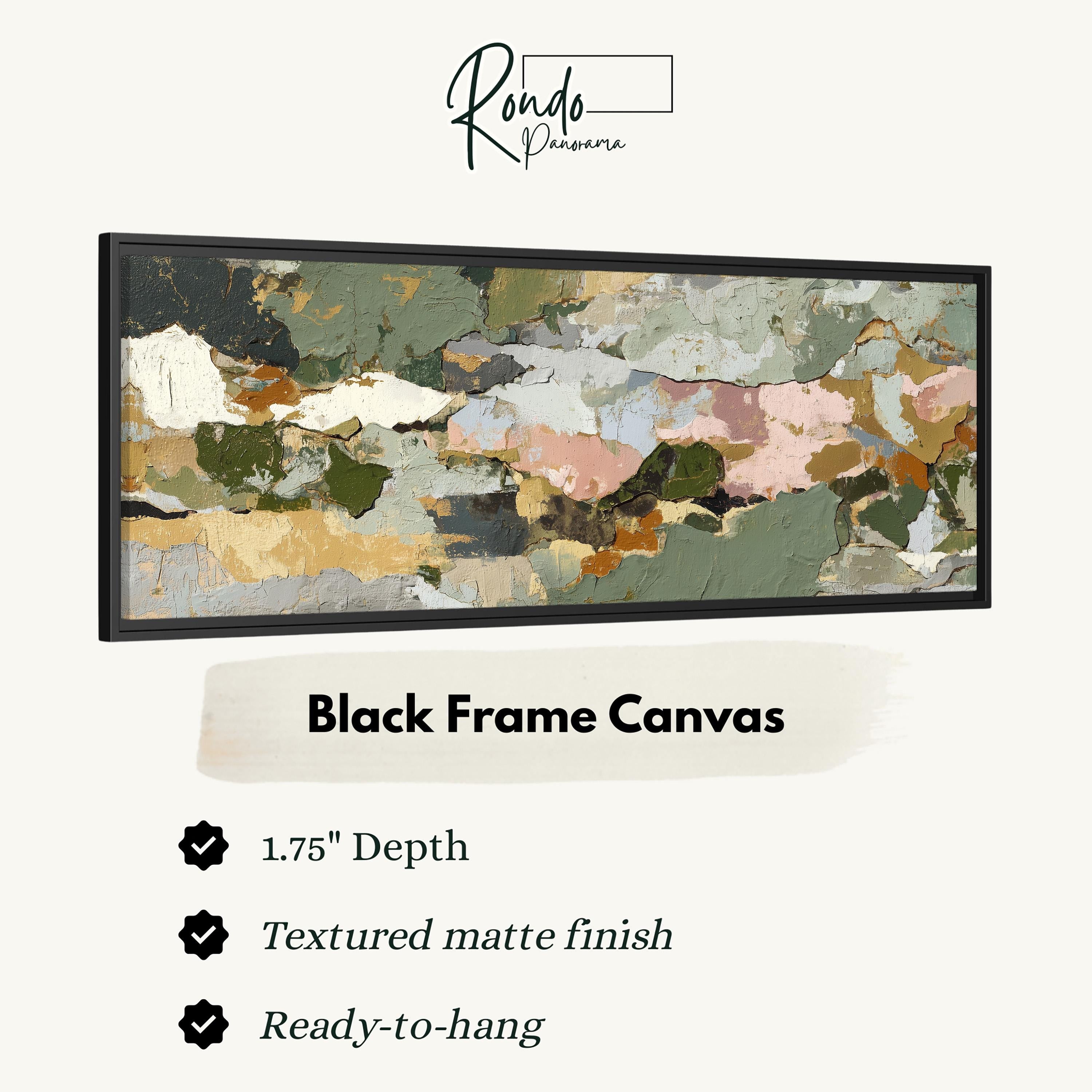 The image is a black frame canvas with a textured matte finish, measuring 1.75" in depth. It is ready to hang and has a textured matte finish.