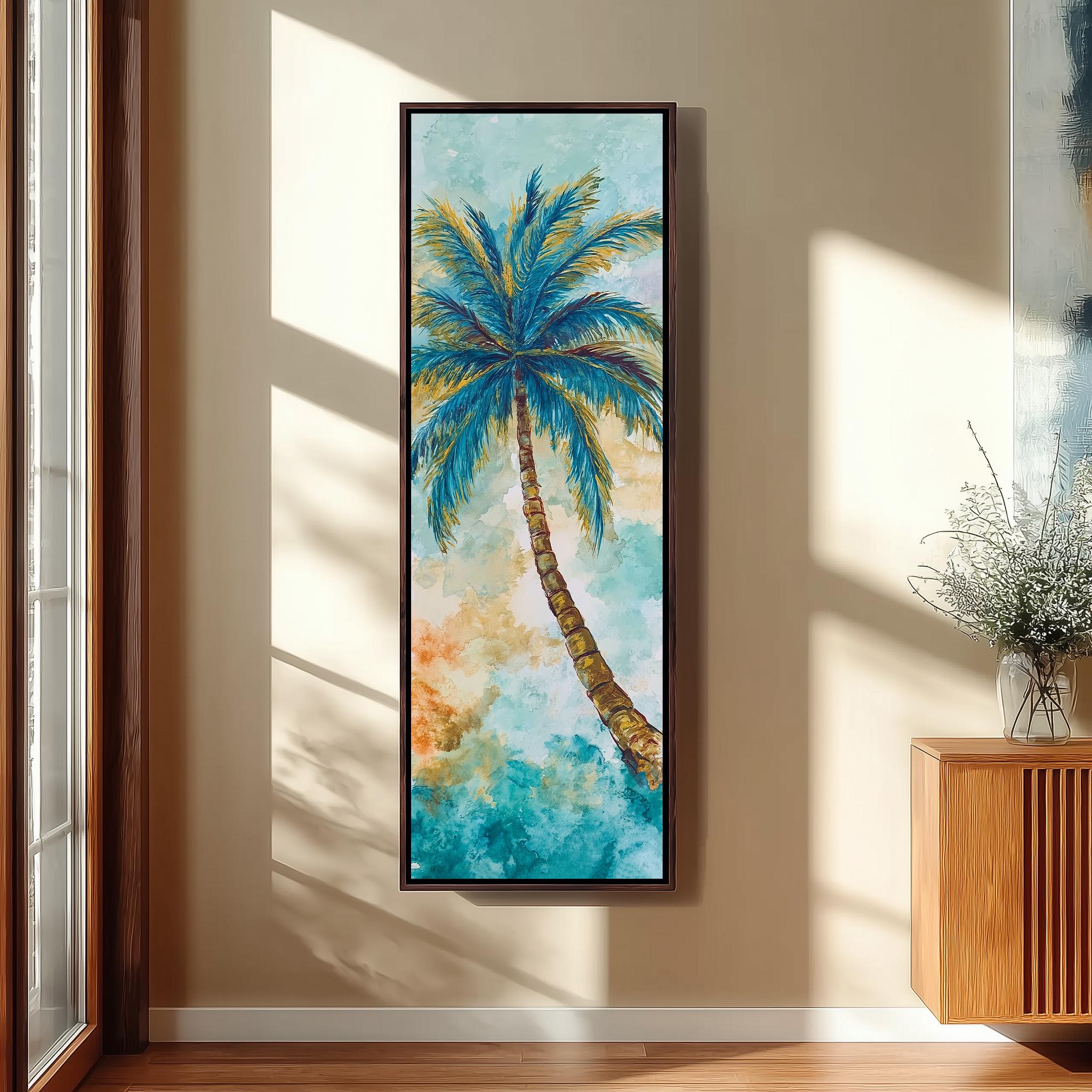 a large framed painting of a palm tree hanging on a wall.