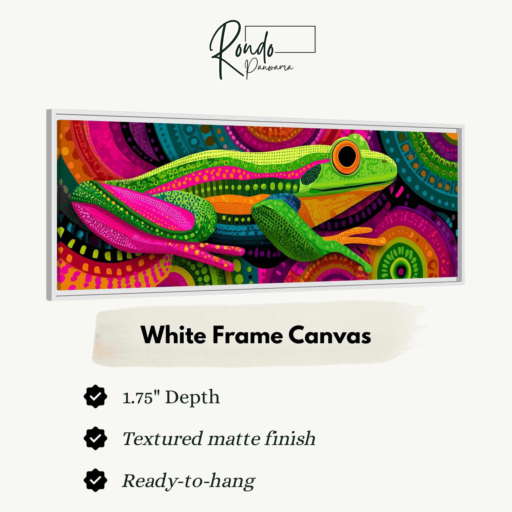 A colorful, abstract painting of a frog or amphibian with a textured finish, displayed in a white frame.