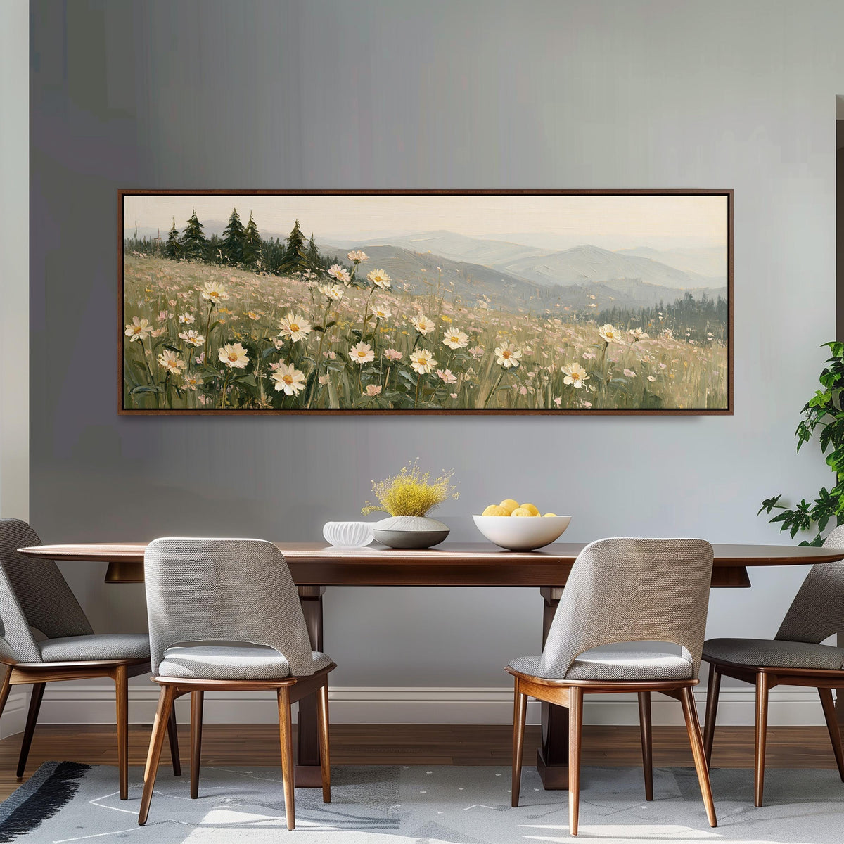 Daisy hillside below blue mountains long horizontal canvas print above a dining table