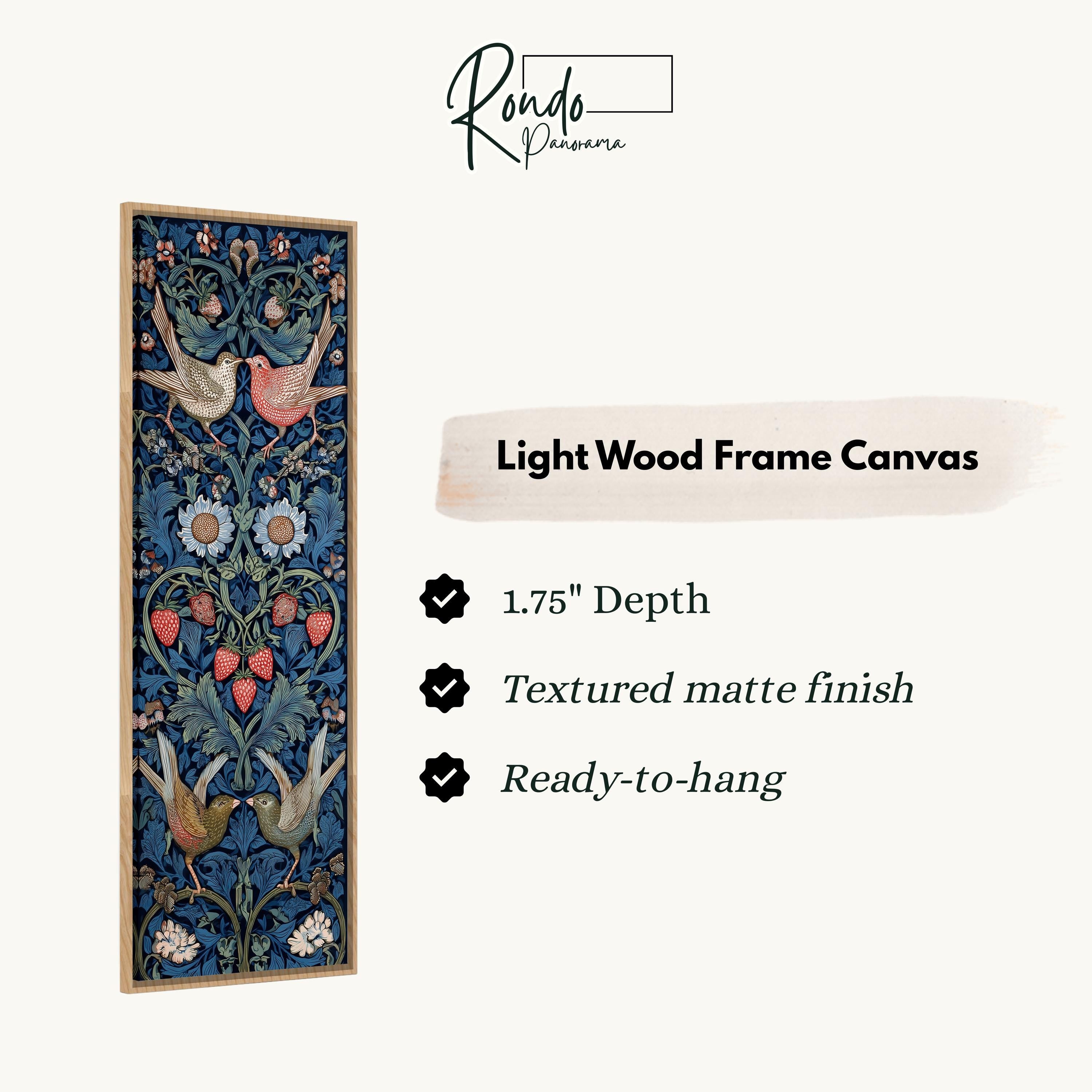 The image is a light wood frame canvas featuring a detailed floral and bird motif.