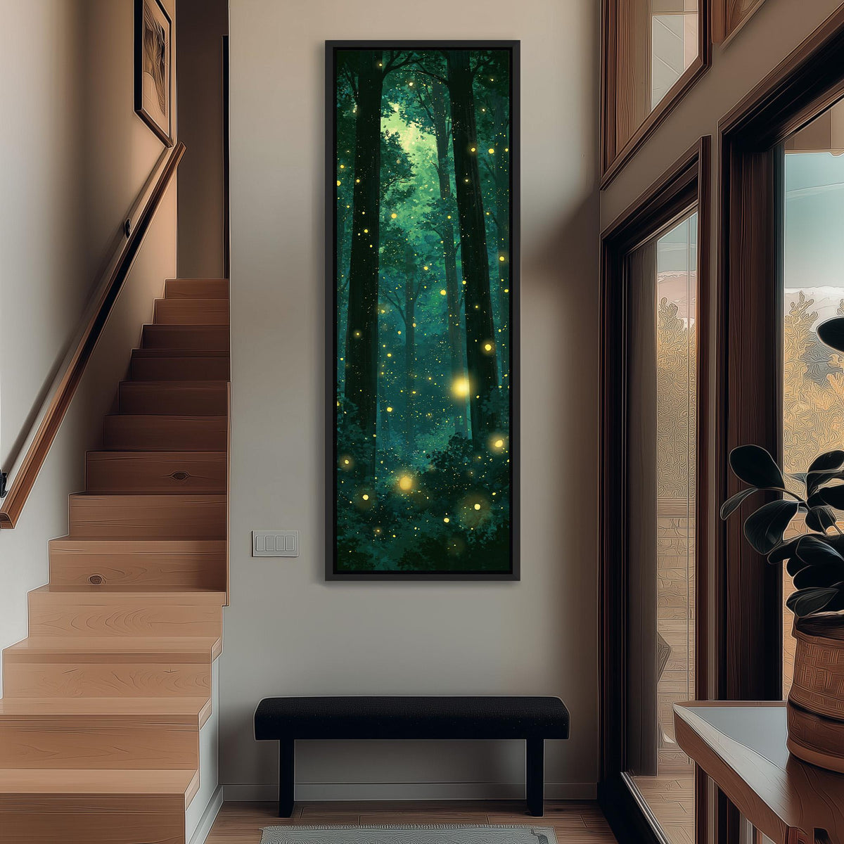 Fireflies glowing in a dark teal forest long vertical canvas print in a sunlit living space