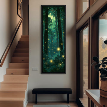 Fireflies glowing in a dark teal forest long vertical canvas print in a sunlit living space