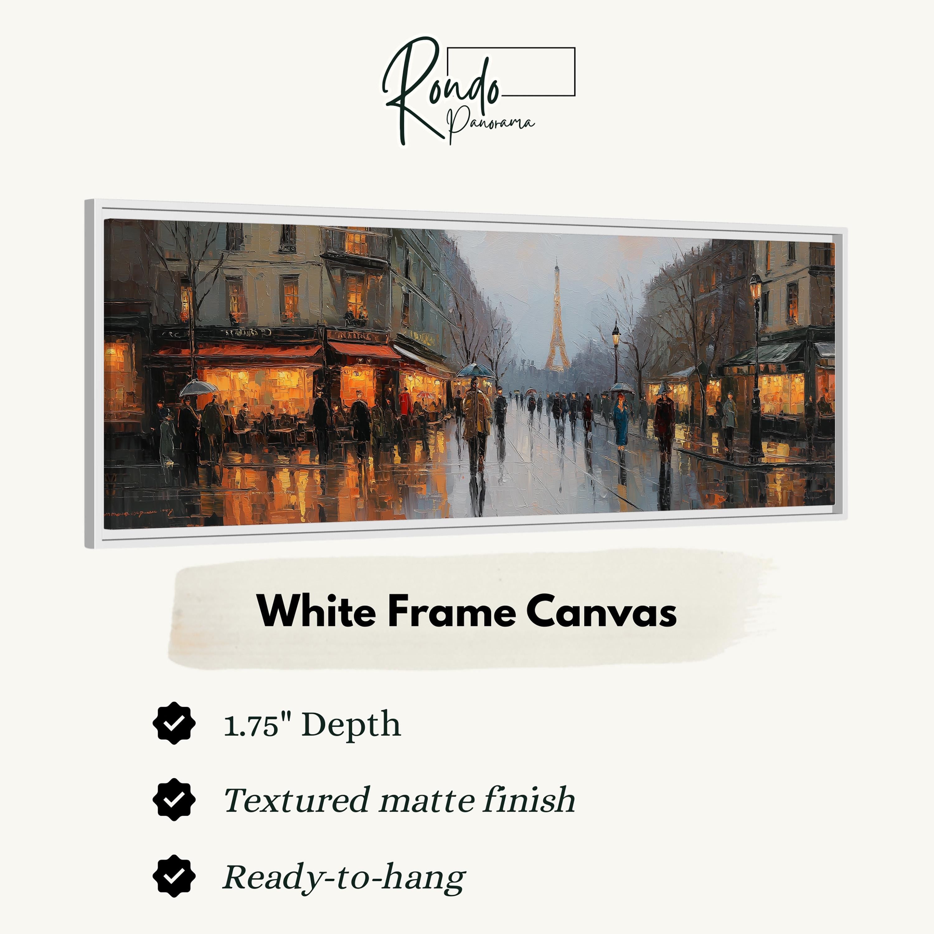 The image is a white frame canvas depicting a rainy city street scene with people walking and buildings illuminated by warm lighting.