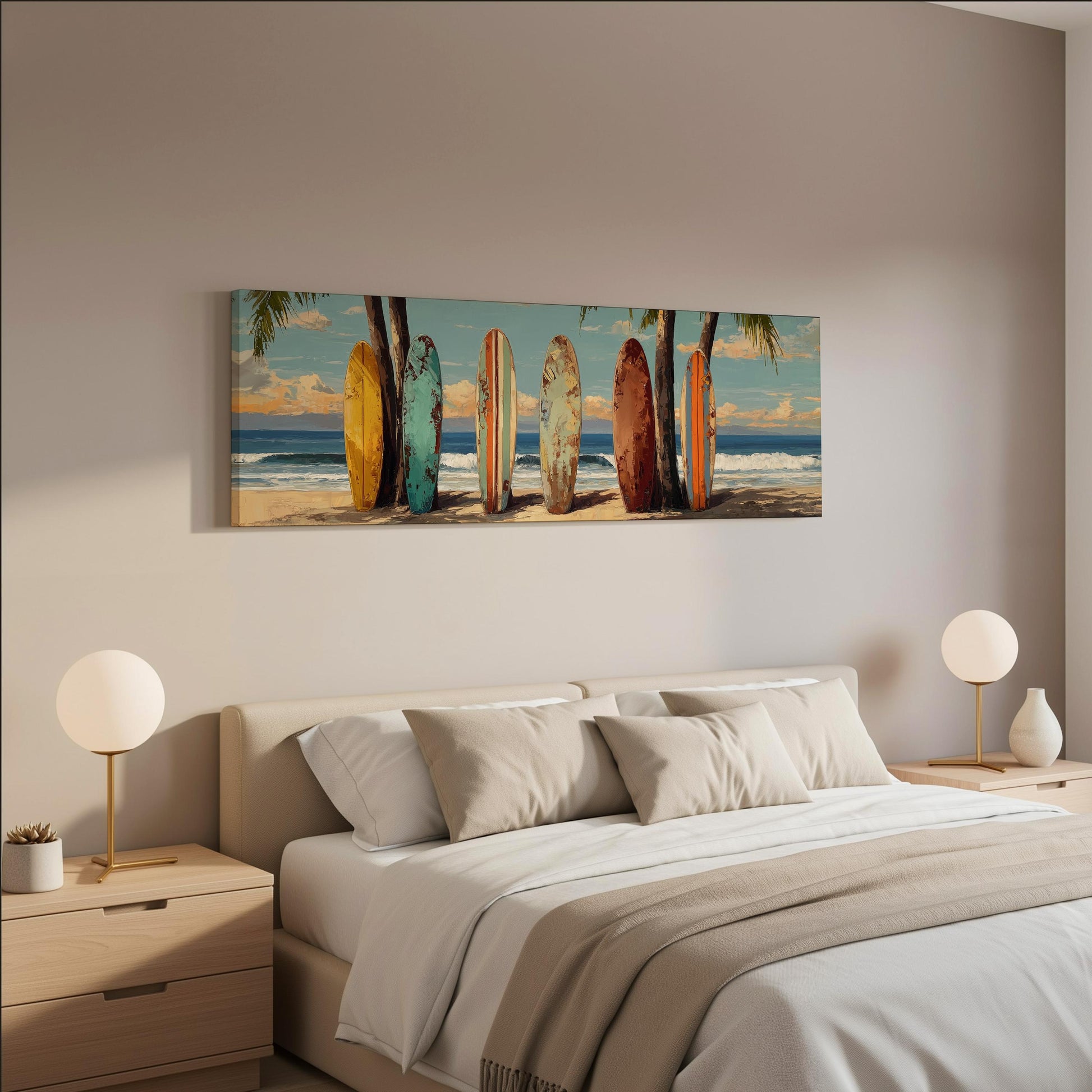 a bedroom with a large bed, two nightstands with lamps, and a painting of surfboards on the wall above the bed.