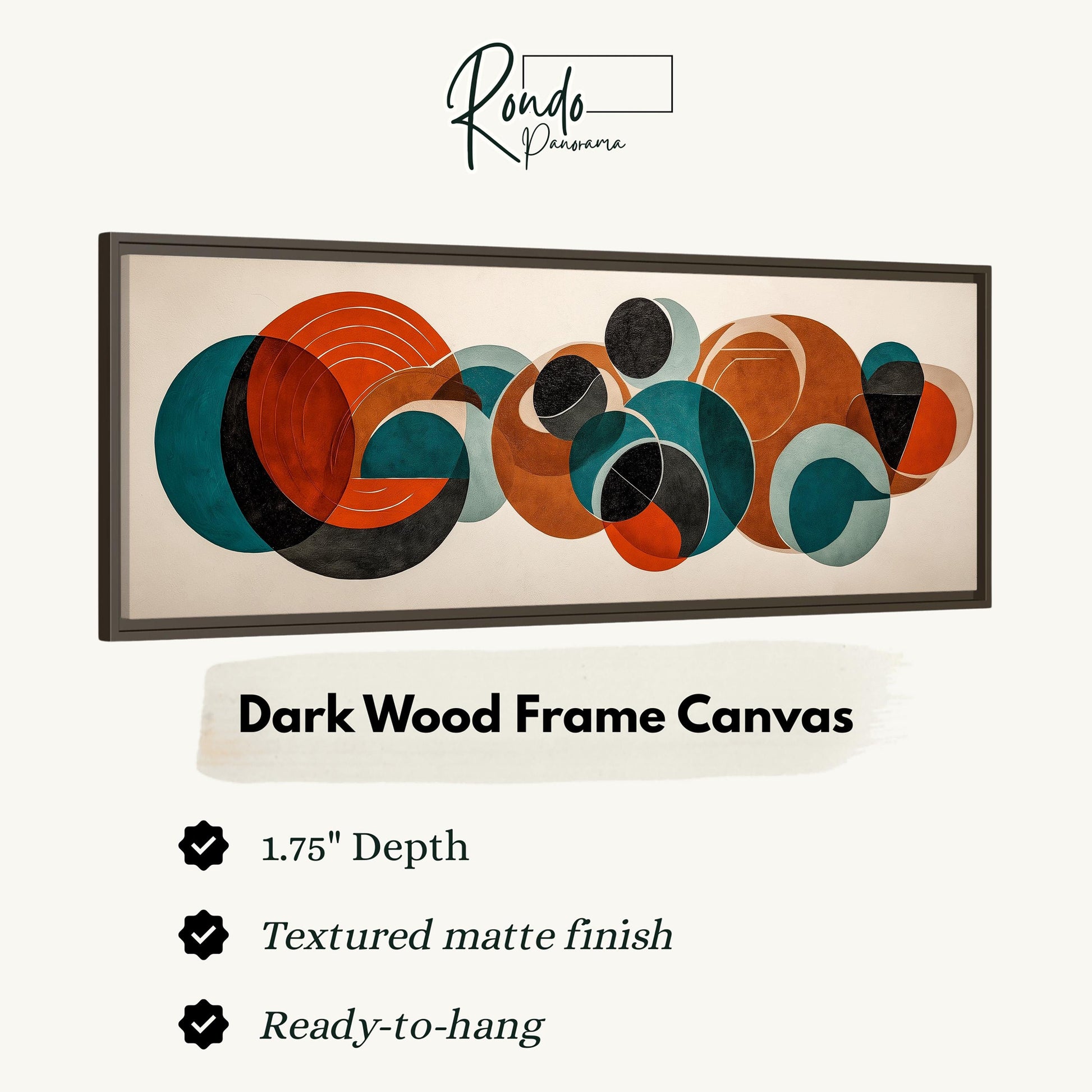 The image is a framed artwork featuring abstract geometric shapes in various colors, including orange, blue, and green. The artwork is described as a "Dark Wood Frame Canvas" with a 1.75" depth, a textured matte finish, and a ready-to-hang condition.