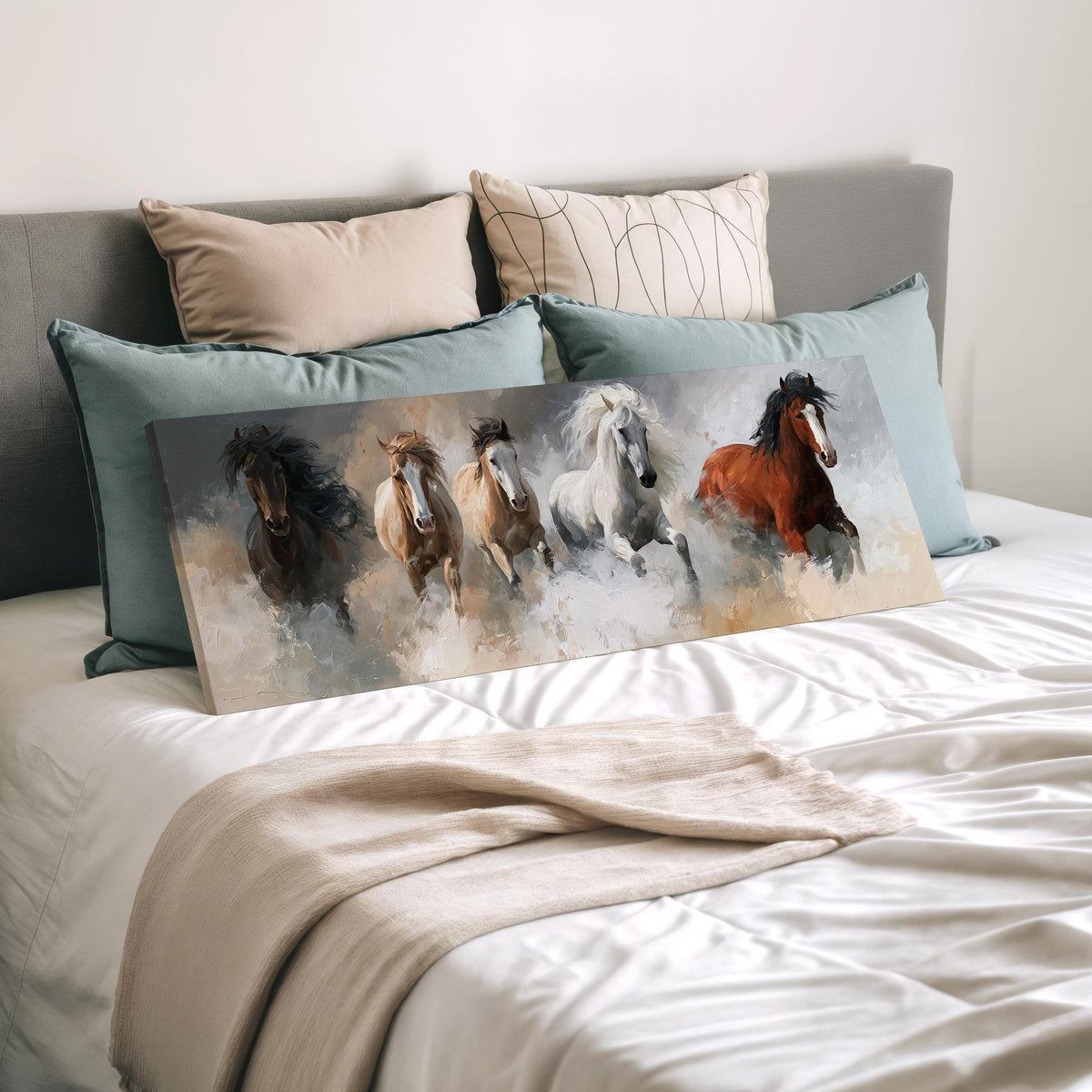 Five horses running through smoke wide panoramic canvas print laid on a bed to show its size
